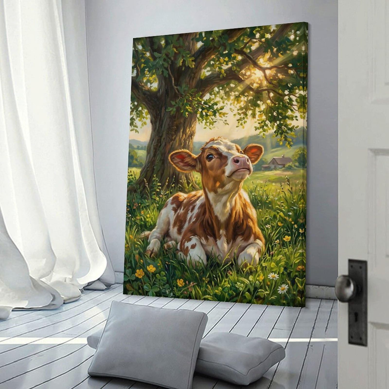 Junmoney Cute Calf in A Sunny Meadow Hanging Wall Art, 24x36inch(60x90cm), for New Homes, Bedrooms Or Workspaces, Thoughtful Wall Decor for Art Lovers