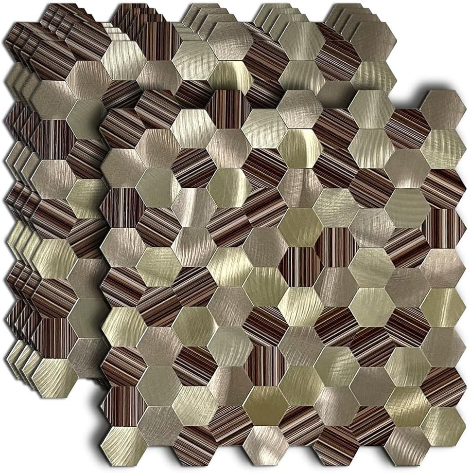 5-Sheet Peel and Stick Backsplash Hexagon 3D Wall Tile for Kitchen, Bathroom ，Living Room Self Adhesive Aluminum Metal Mosaic Sticker 11.4"x11"x0.15" (5, Golden Mixed)