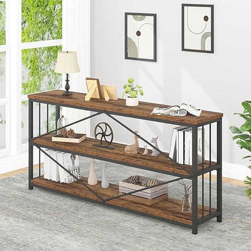 Miniatura 5 de IBF Estantería baja rústica de 3 niveles, estantería industrial de madera horizontal, Etagere de metal abierto largo de ancho, moderno estante