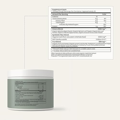 Miniatura 2 de Perelel Synbiotic Greens - Mezcla de superalimentos con frutas, verduras, probióticos, fibra, espirulina y clorella, suplemento de verduras diarias,