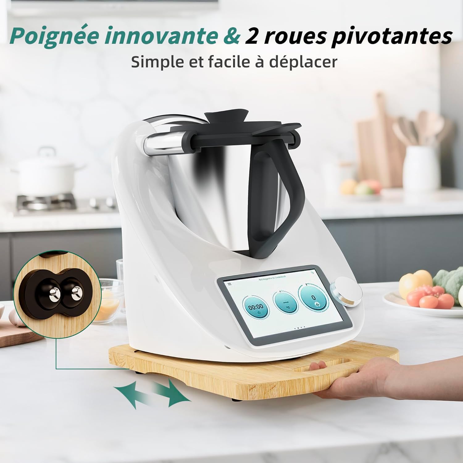 Planche Coulissante pour Thermomix TM6/TM5, Planche Support pour Thermomix avec Roulettes Double Roulement, Poignée Ergonomique, Glissement Silencieux, Surface Anti-Rayures, Bois Naturel