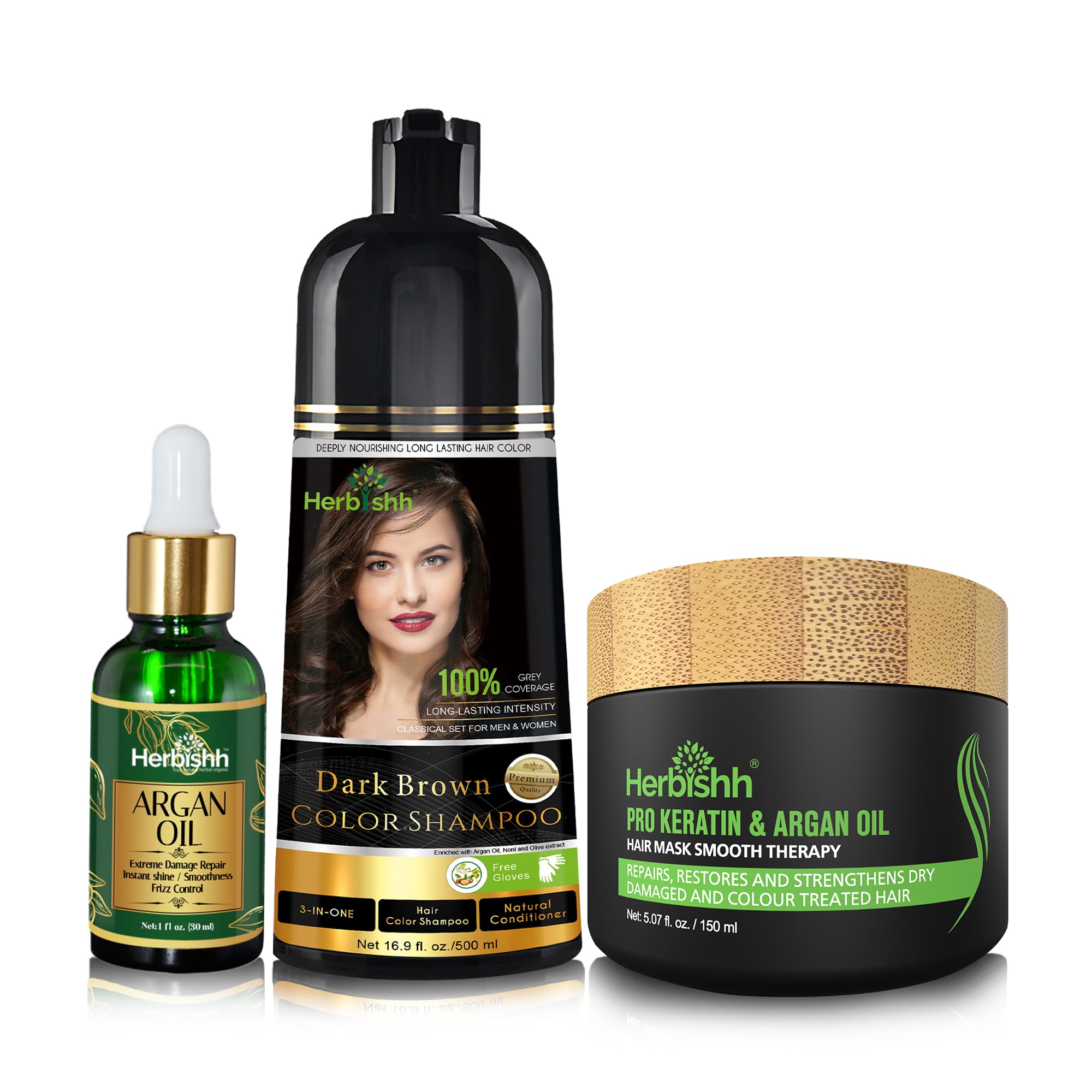 Herbishh After Color Shampoo Combo Contains Hair Color Shampoo Hair Dye 500ml Argan Oil 30ml Pro Keratin And Argan Hair Mask 100gm For Hair Shine And Protection For Men And Women (Dark Brown)