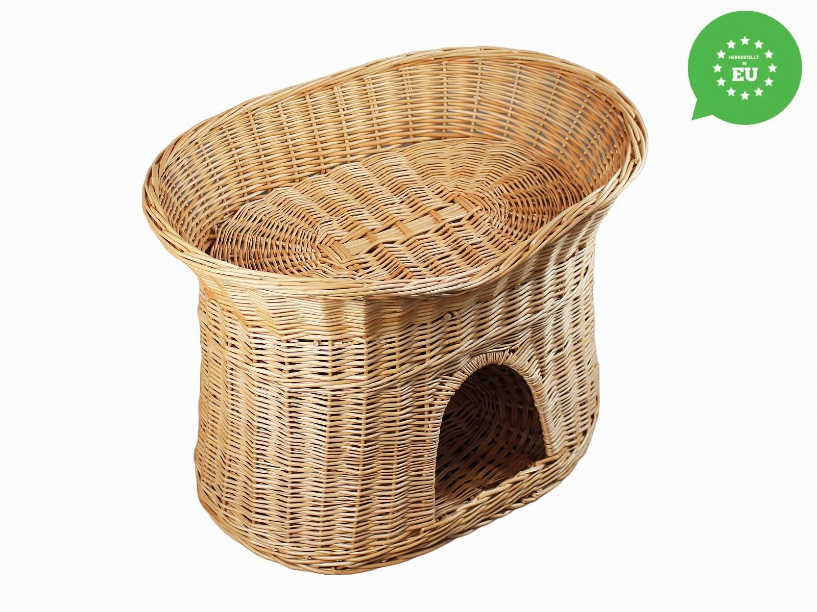 Katzenkorb zum Schlafen – Katzenhütte Indoor – Größe L: 60 cm oval – Katzenhöhle aus Weide – Zweistöckiger Hunde – oder Katzenbett – Natürliche Korbfarbe