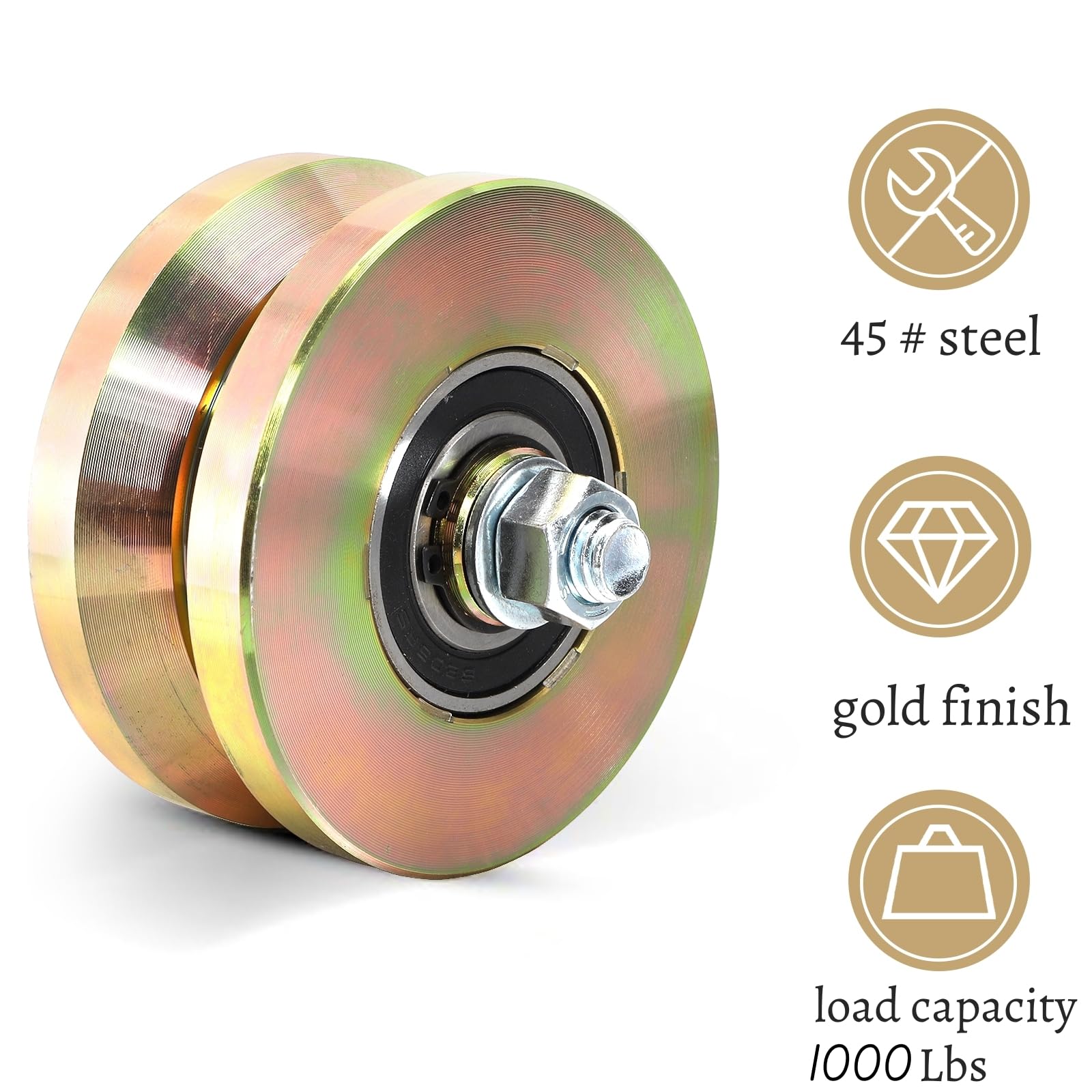 Goaste 2 Pack 4" Solid Slide V Groove Wheels, Heavy Duty Sliding Gate Casters, 1-3/4" Width Rolling Gate Wheels with Screw & Double Bearings for Industrial Machines Rail, Load Capacity 1000 Lbs — Amazon image 4