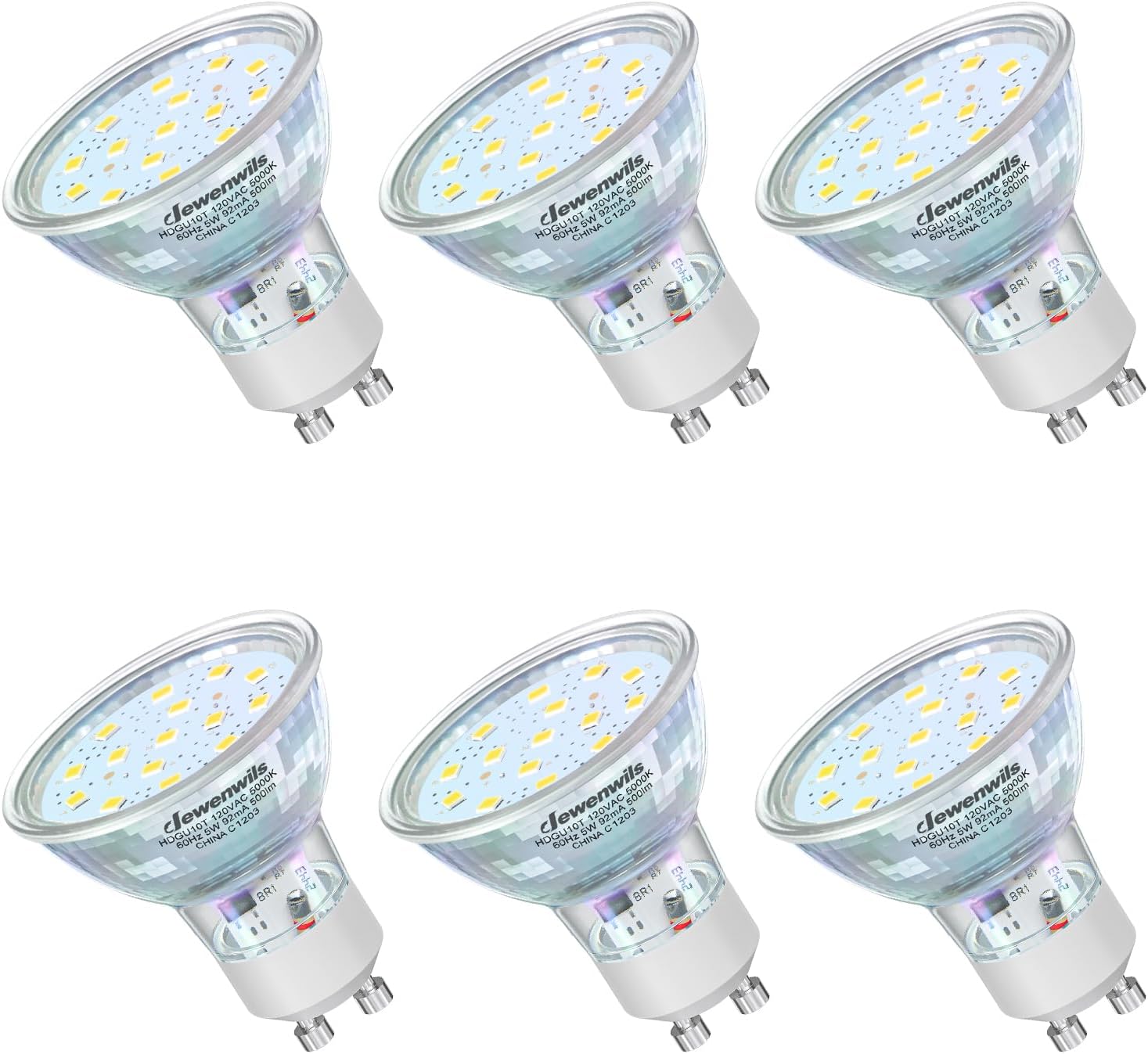 DEWENWILS GU10 Light Bulbs, Dimmable GU10 LED Bulb, 5W Equivalent 50W 5000K Daylight White Bulbs, Replacement for Track Lighting, 120° Flood Beam for Kitchen, Range Hood, Living Room, Bedroom, 6 Pack