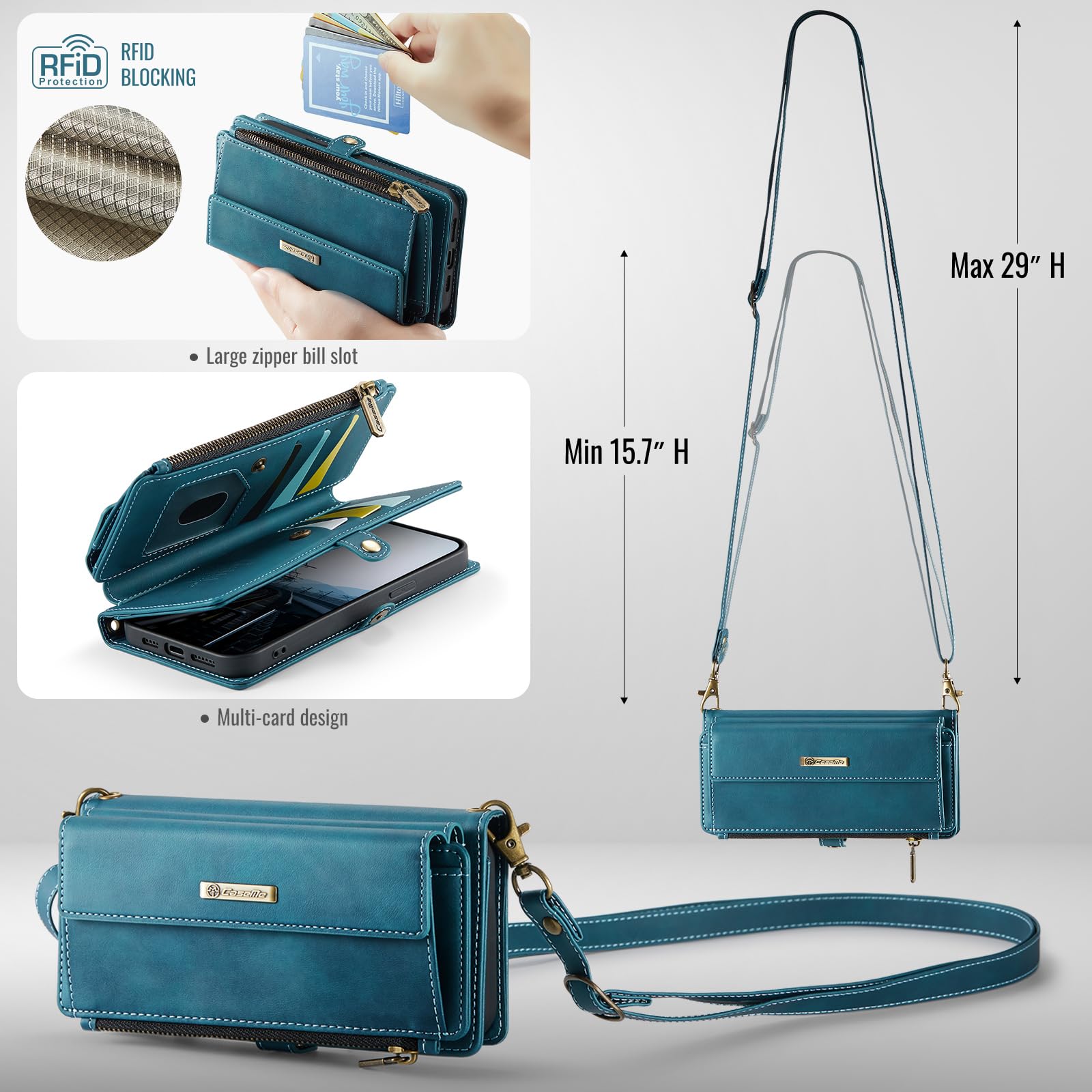 Etui portfelowe na iPhone'a 17 Pro, z 9 przegródkami na karty, blokujące RFID, magnetyczne zamknięcie, kieszeń na rachunki gotówkowe, skóra PU, z paskiem na nadgarstek crossbody, zielone