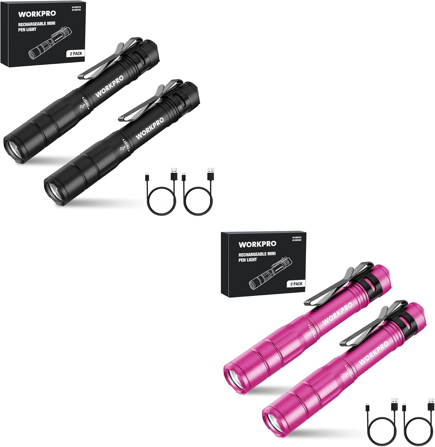 WORKPRO 2 Pack Rechargeable Pen Light Black & 2 Pack Rechargeable Pen Light Pink