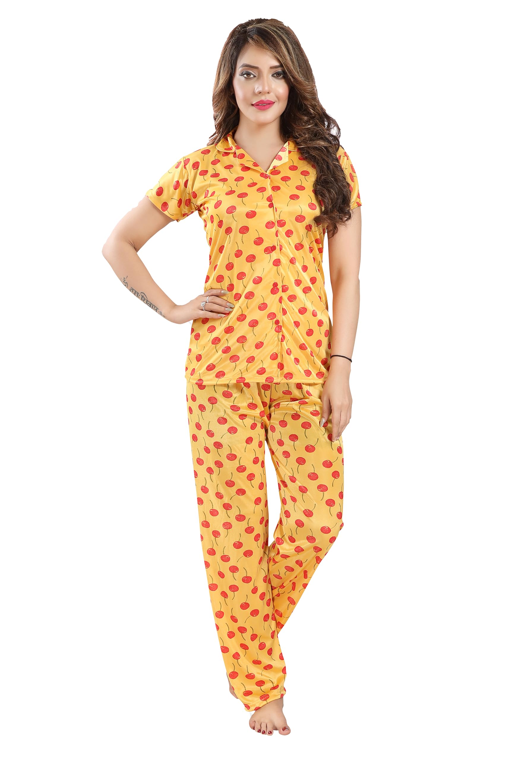 color magic Satin Collar Night Suit -Tiger Print Top Pyjama Set - Red_M-picture-10