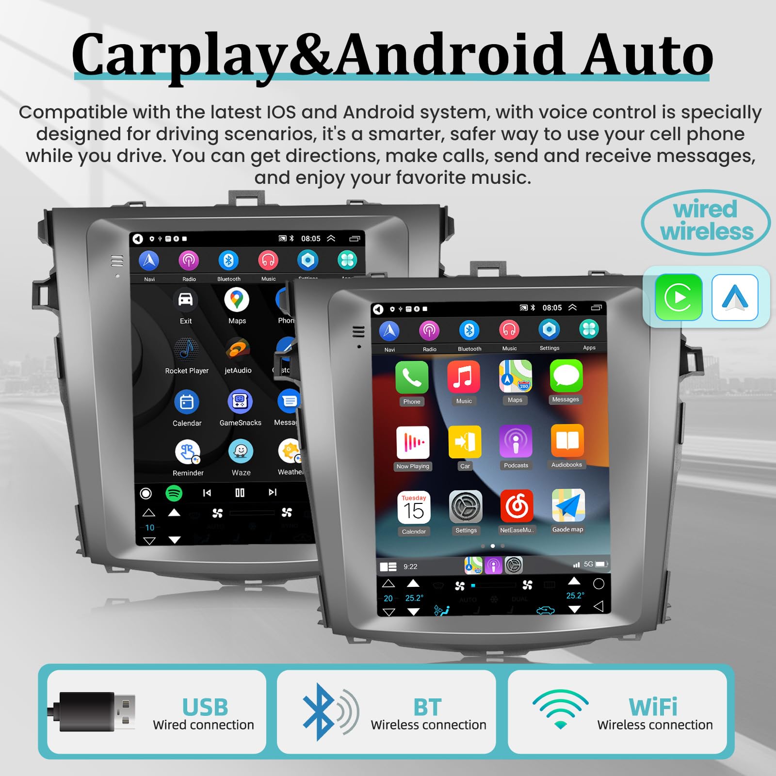 9.7 Inch Android Car Stereo for Toyota Corolla 2006-2013 with Apple Carplay and Android Auto - Touchscreen Radio GPS WiFi HiFi Mirror Link USB SWC + AHD Backup Camera 2+32G