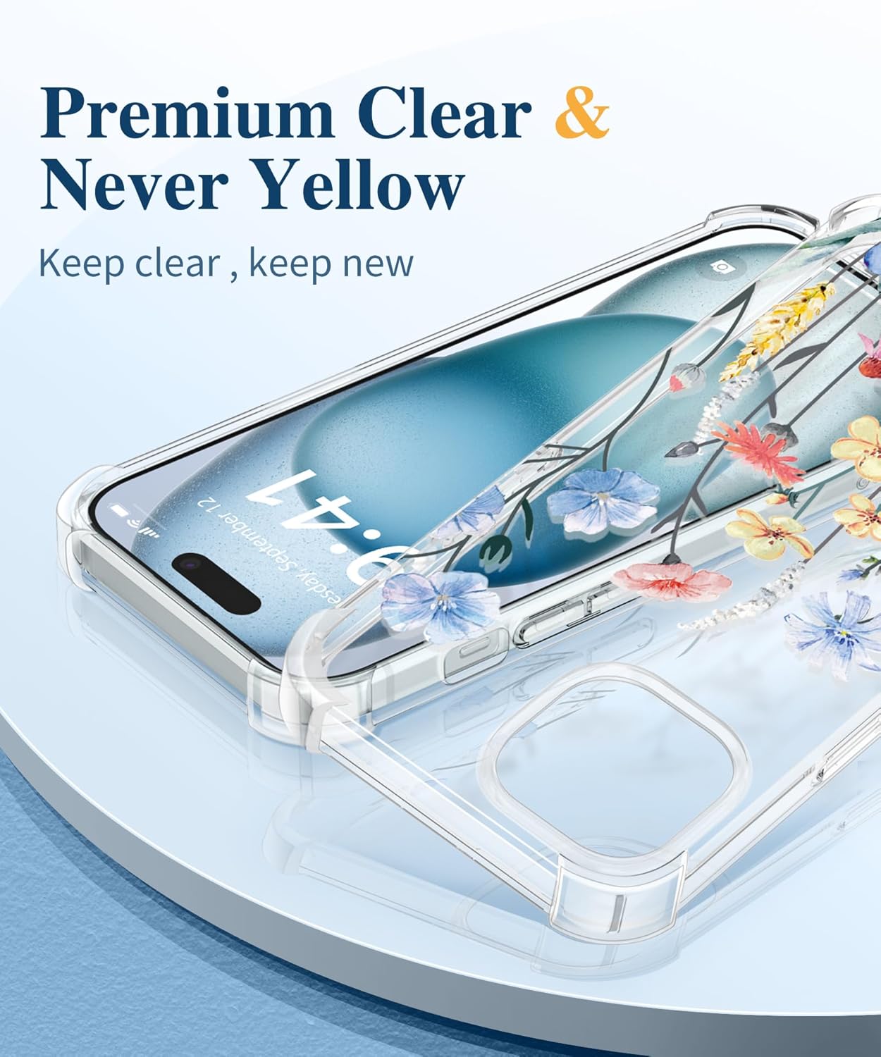 GVIEWIN for iPhone 15 Case Floral, with Screen Protector&Camera Lens Protector,[Non Yellowing] Soft Shockproof Clear Phone Protective Cover for Women, Flower Pattern Design 6.1" (Aconite/Light Blue) - Image 3