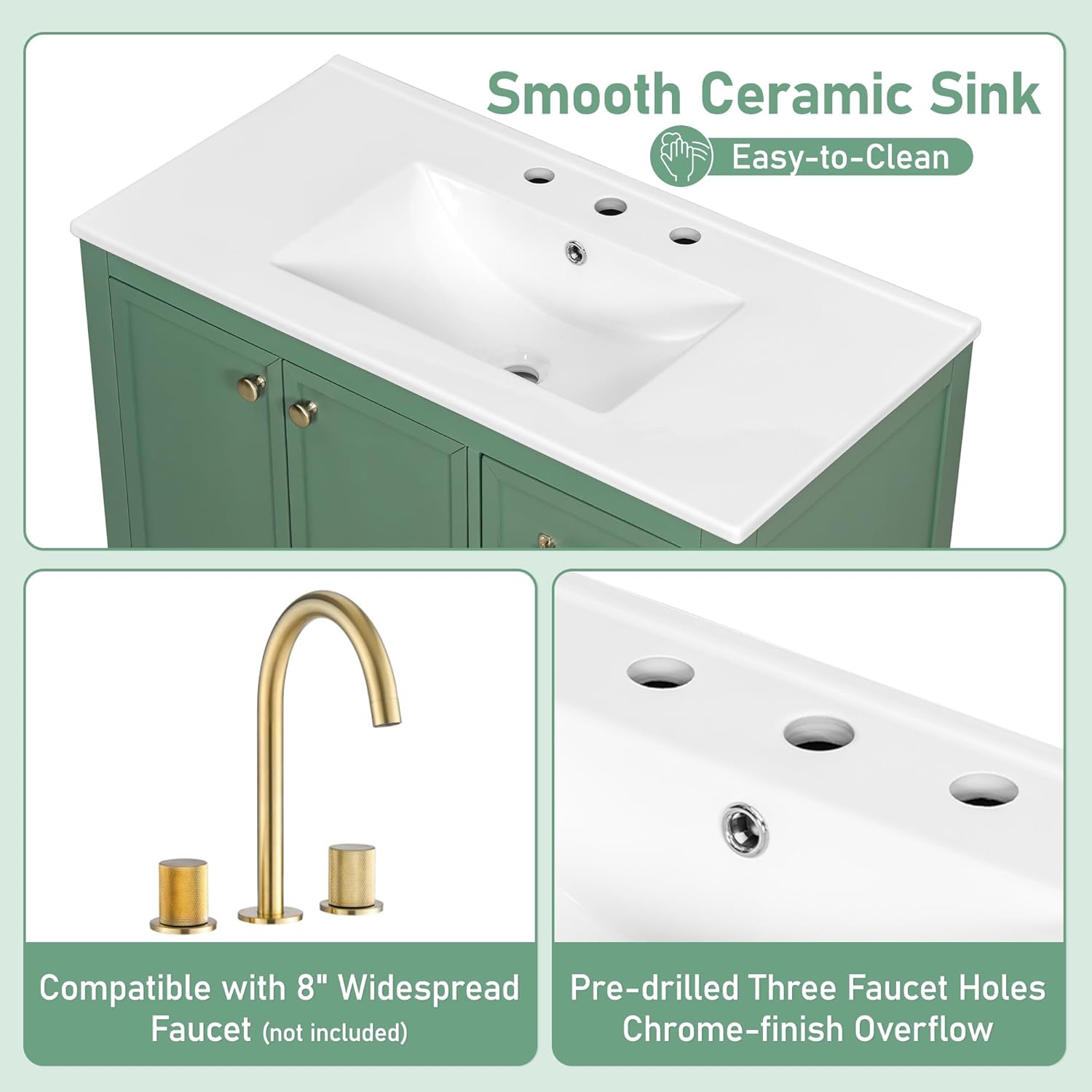 36" Bathroom Vanity with Sink, 34.1" H Freestanding Cabinet with Soft-Close Door and 4 Drawers, Solid Wood Frame, Ceramic Basin, Open Back for Easy Plumbing, One Package (Green)