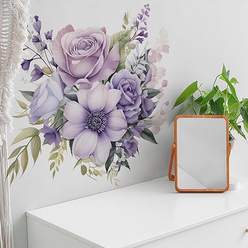 Miniatura 2 de Calcomanías de pared de flores de margaritas y rosas moradas, calcomanías de pared de arte floral romántico en acuarela extraíble, vinilo extraíble