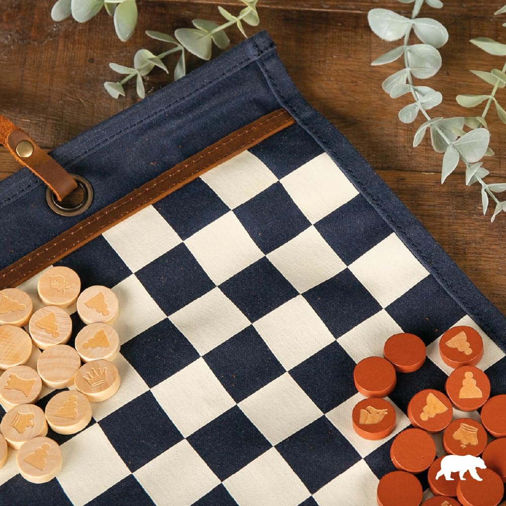 Alaskan MAKER - Juego de ajedrez y mujer 2 en 1 - Alfombra de lona waxee enrollable - Peones de madera - Cordón de cuero de grano completo - Ideal para viajar y jugar en cualquier lugar (azul marino)