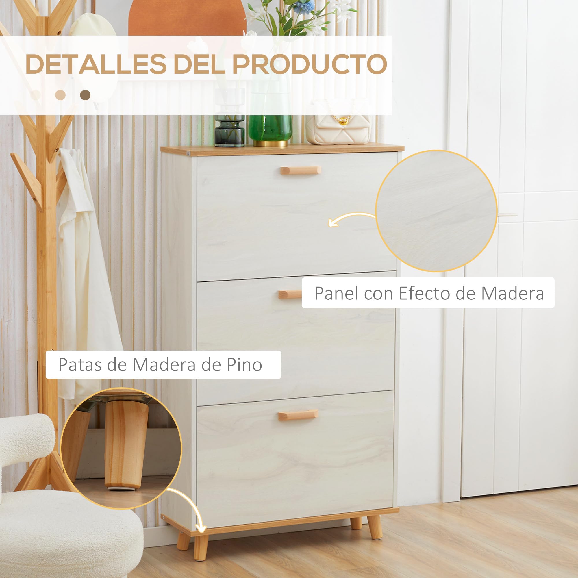 HOMCOM Armario de Zapatos Moderno Mueble Zapatero Estrecho con 3 Cajones Abatibles para 12 Pares de Zapatos y Estante Ajustable para Pasillo Entrada 70x23,5x122 cm Blanco