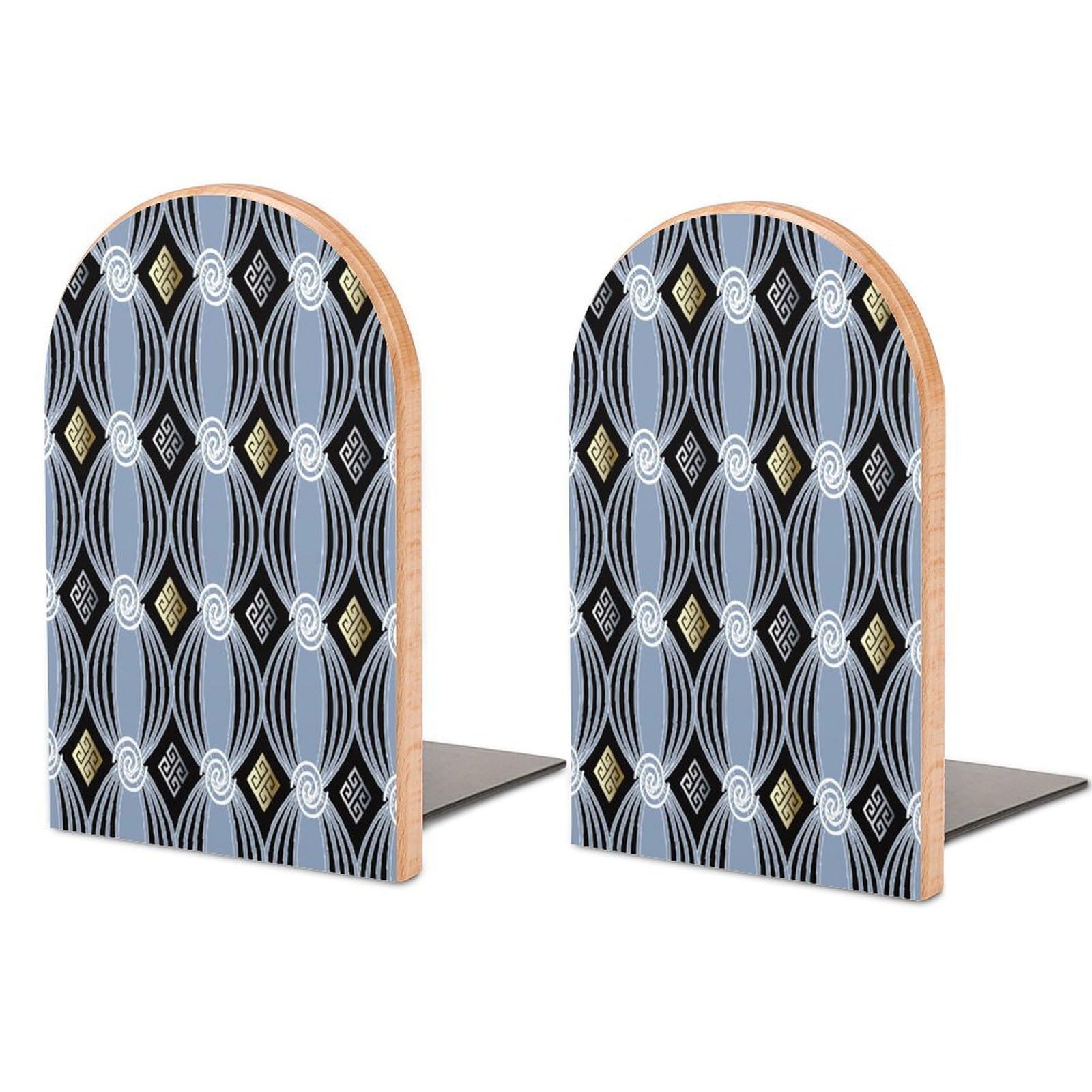 Modern Geometric Meander Seamless1 Beech Wood Bookends Heavy Duty Book Organizers Desktop File Holder for Office Home Bookshelf