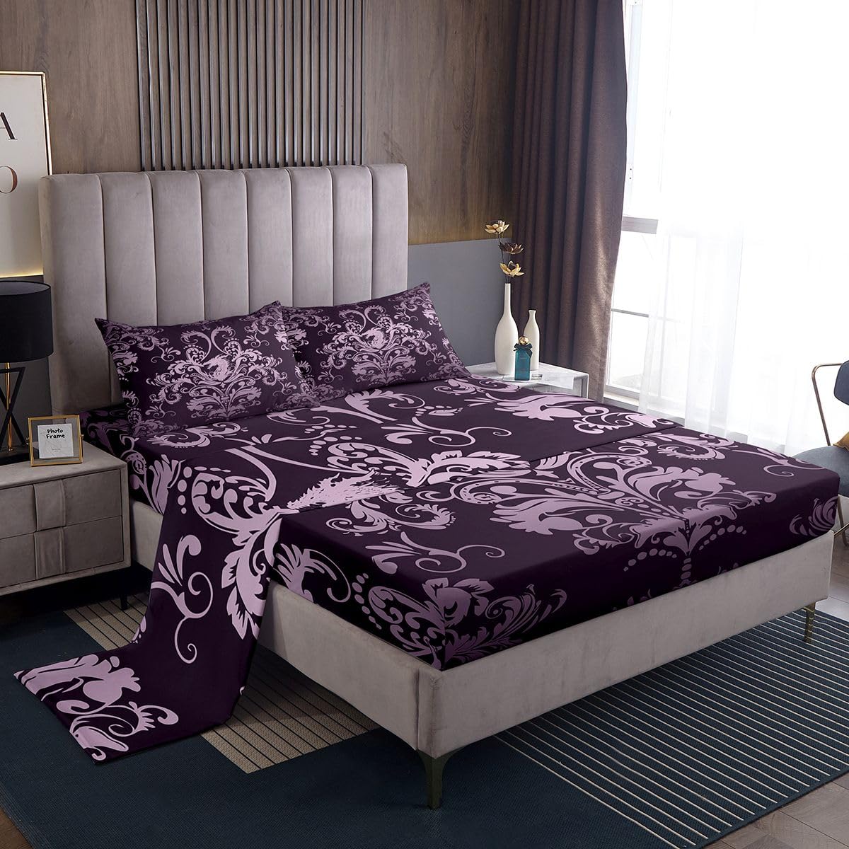 Homewish Fioletowy adamaszek zestaw pościeli podwójny pterozaur smok gotyckie prześcieradła vintage boho kwiatowy zestaw prześcieradeł - antyczne wiktoriańskie prześcieradła wierzchnie 4-częściowy