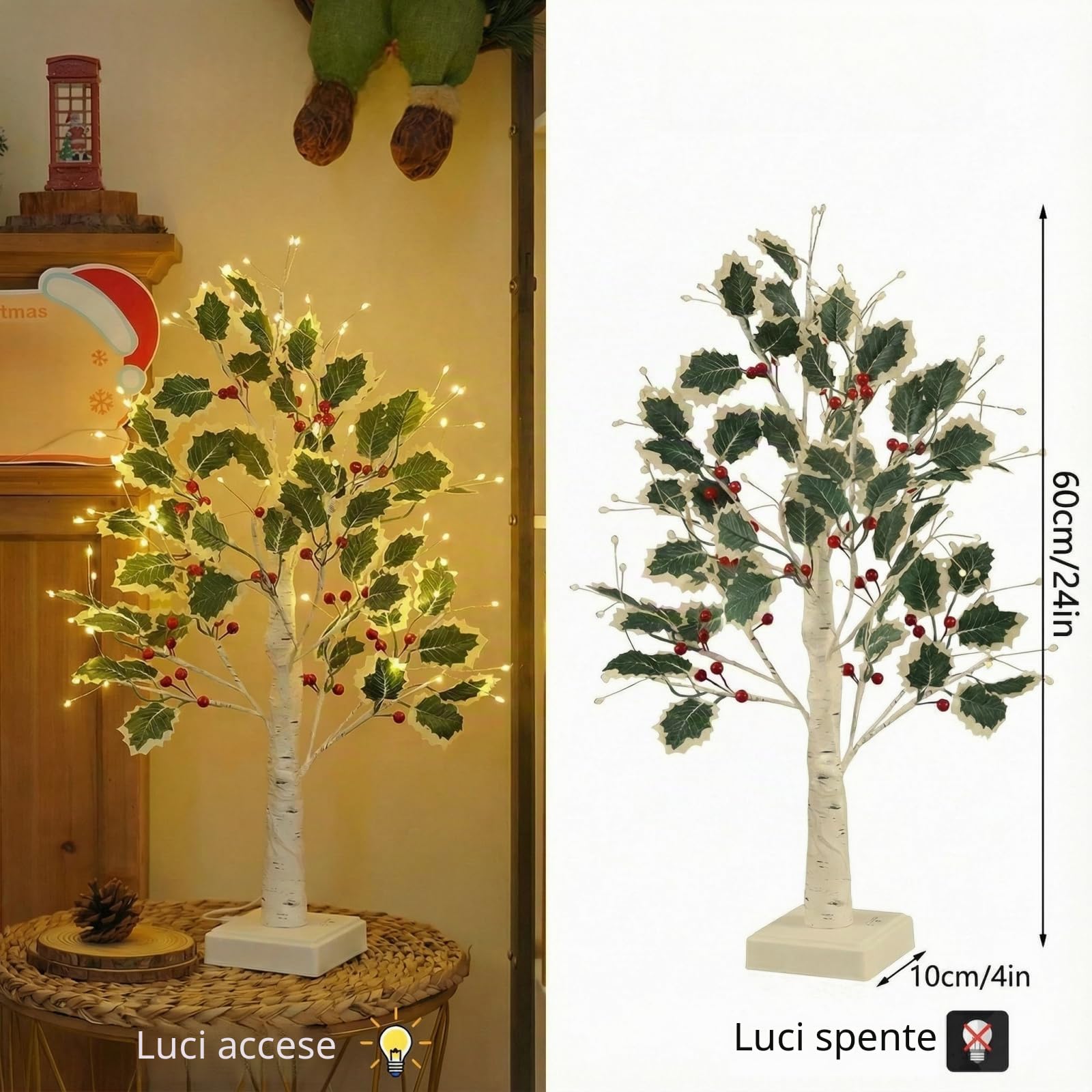 Albero luminoso a LED per interni, con timer, 72 LED bianchi caldi, foglie verdi, bacche rosse, albero decorativo per Natale, primavera, alimentato tramite USB/batteria (60 cm/2 piedi)