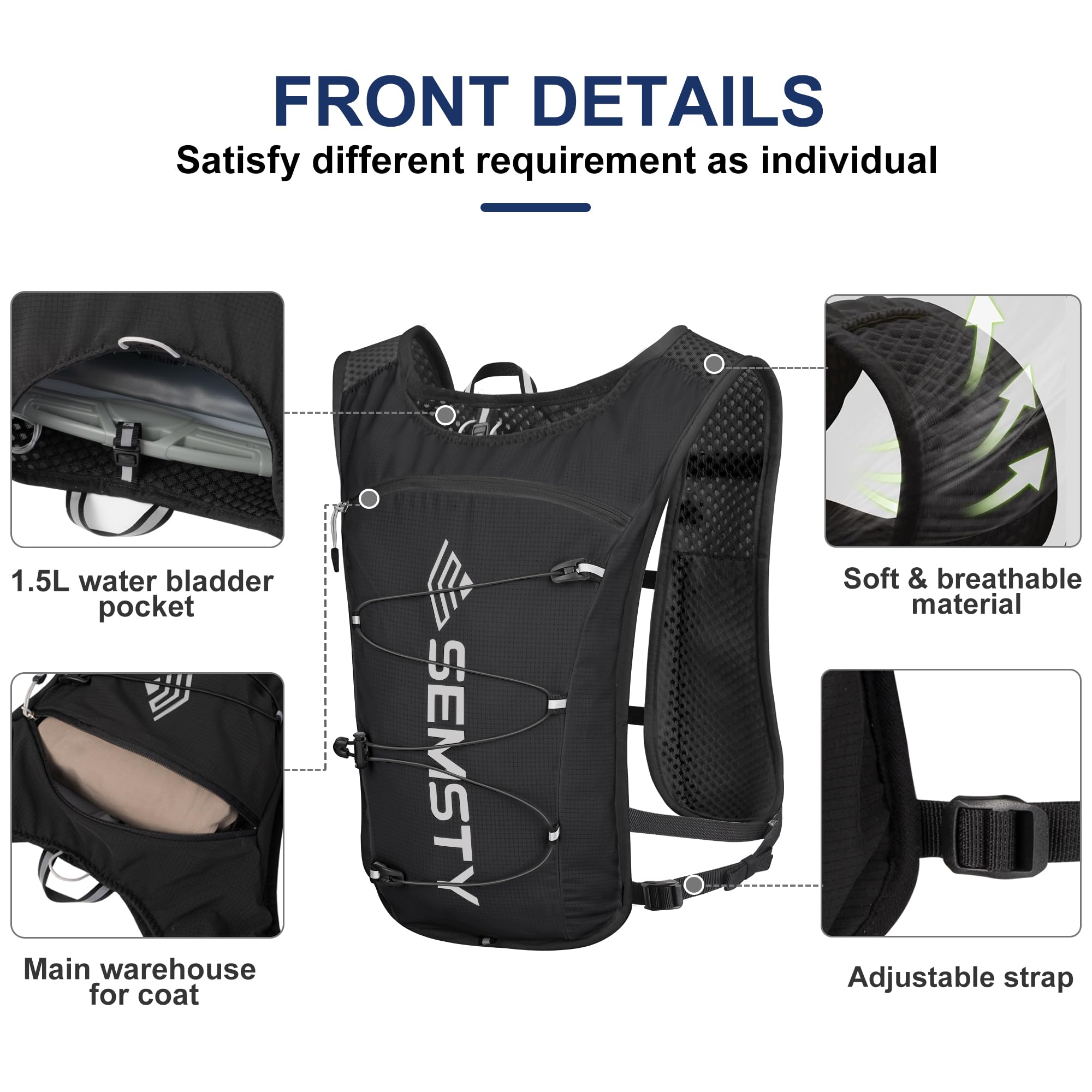 Semsty Running Hydration Vest 5L,Running Vest Pack with 1.5L Water Bladder,Lightweight Water Backpack for Hiking Running Cycling