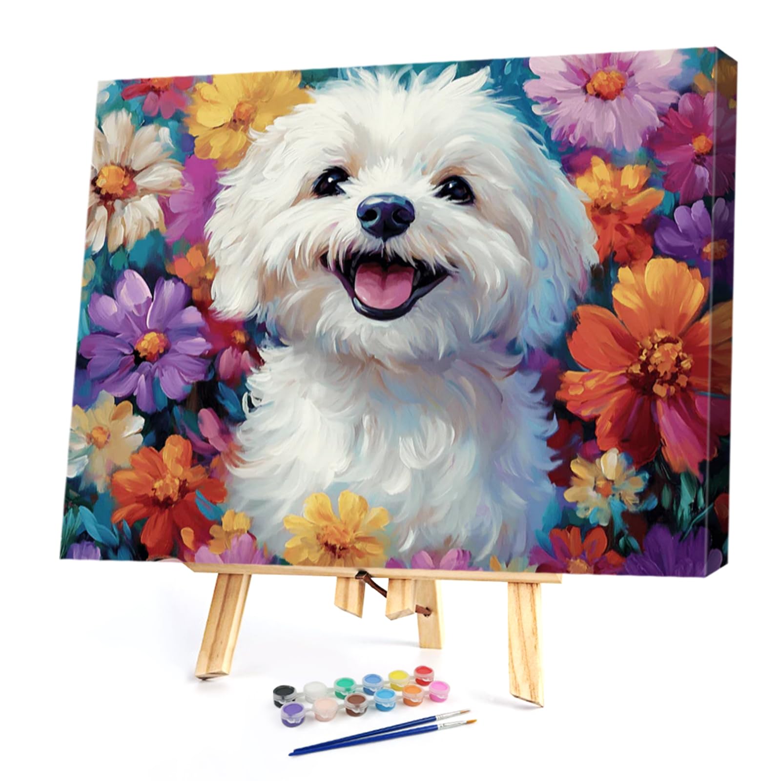 Poetrydraw Floral Pup Diy Paint By Numbers Kit On Canvas 40X30cm With Frame Oil Easy Painting By Numbers For Beginners Adults Gift Home Wall Decor (Floral Pup)