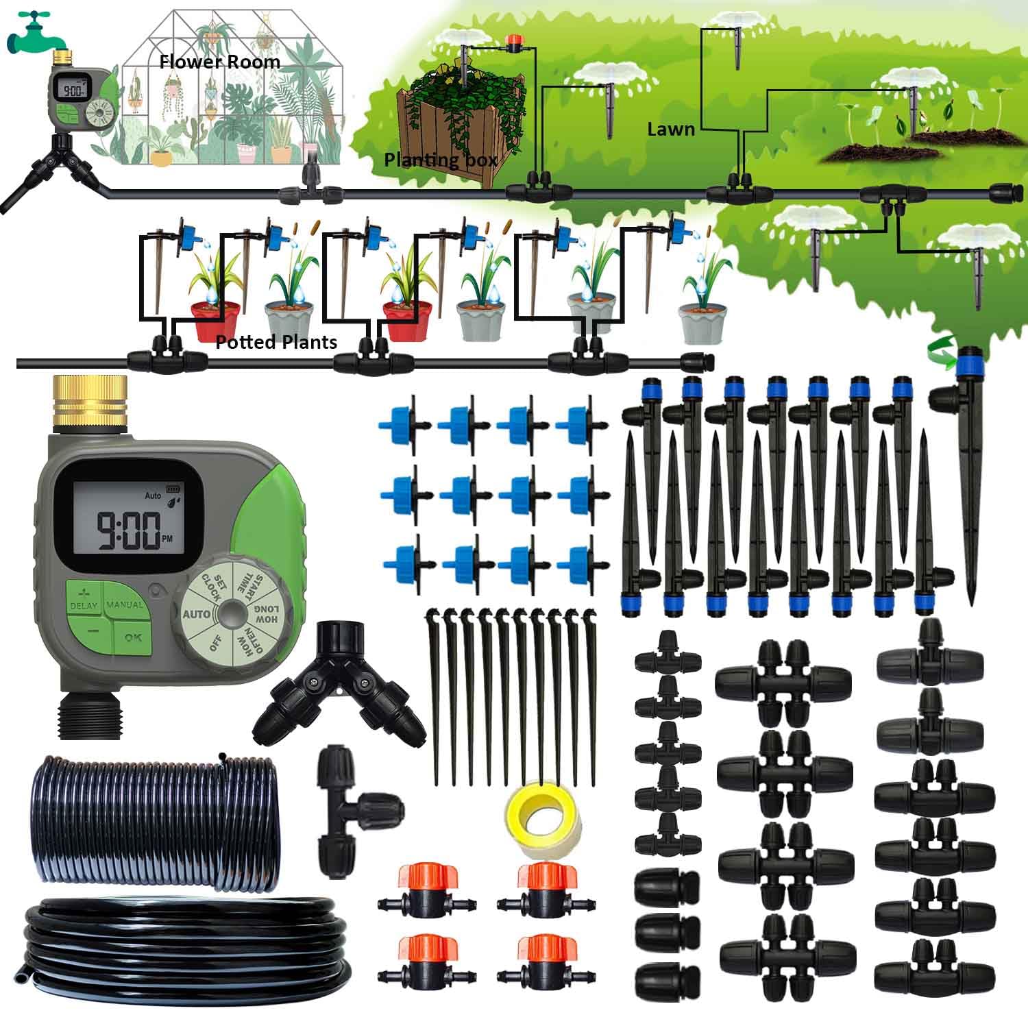 Sistema de riego por goteo con temporizador de agua, sistema de riego automático para jardín, diámetro interior de 5/16 pulgadas y tubo de 1/4 pulgadas, kit de pulverización ajustable de 160 pies