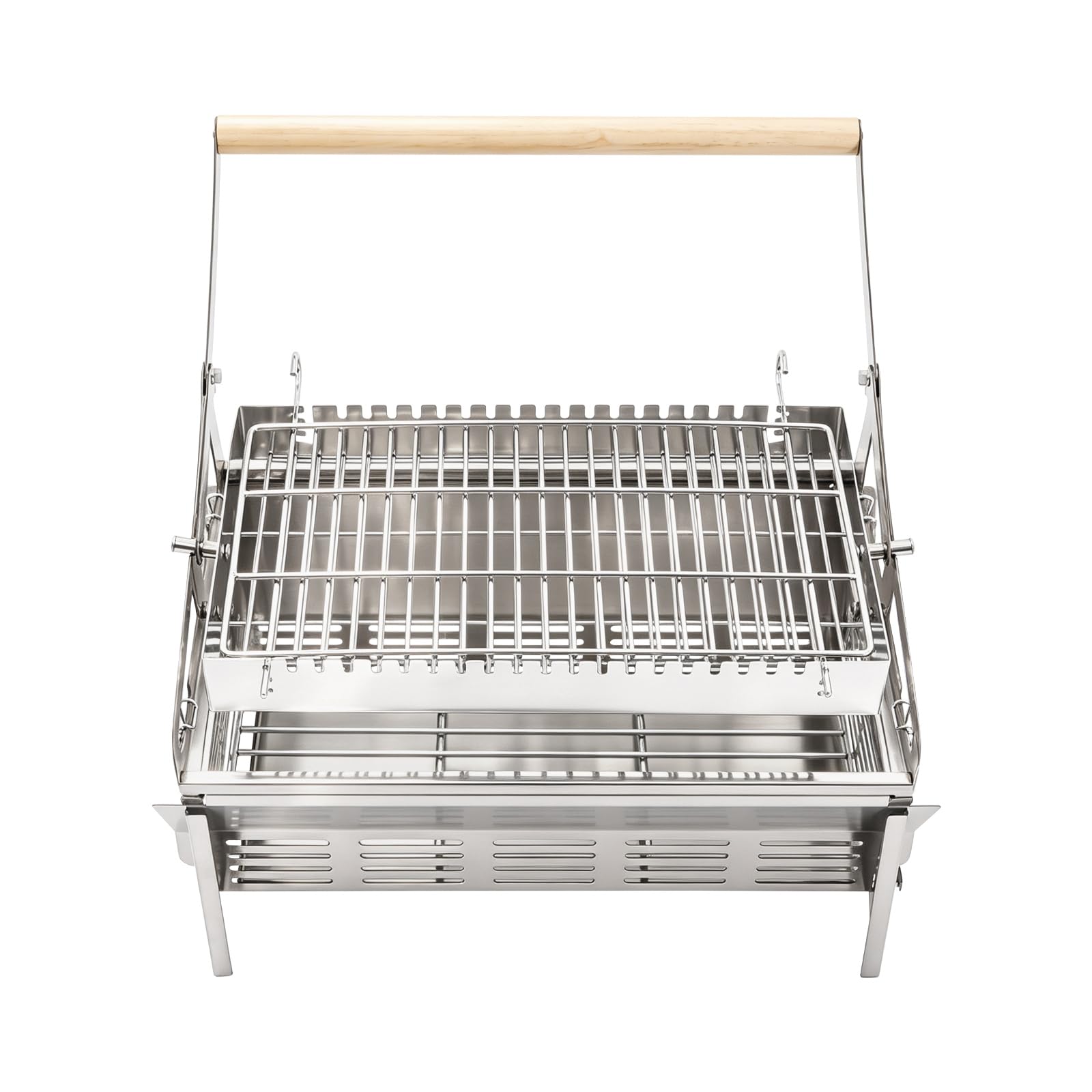 Barbacoa de carbón vegetal giratoria 360°, 2 en 1, de acero inoxidable, 43 x 28 x 39 cm | Tamaño de la parrilla: 22,6 x 36 cm, desmontables y portátiles, barbacoa plegable para camping, picnics, fiestas en el jardín