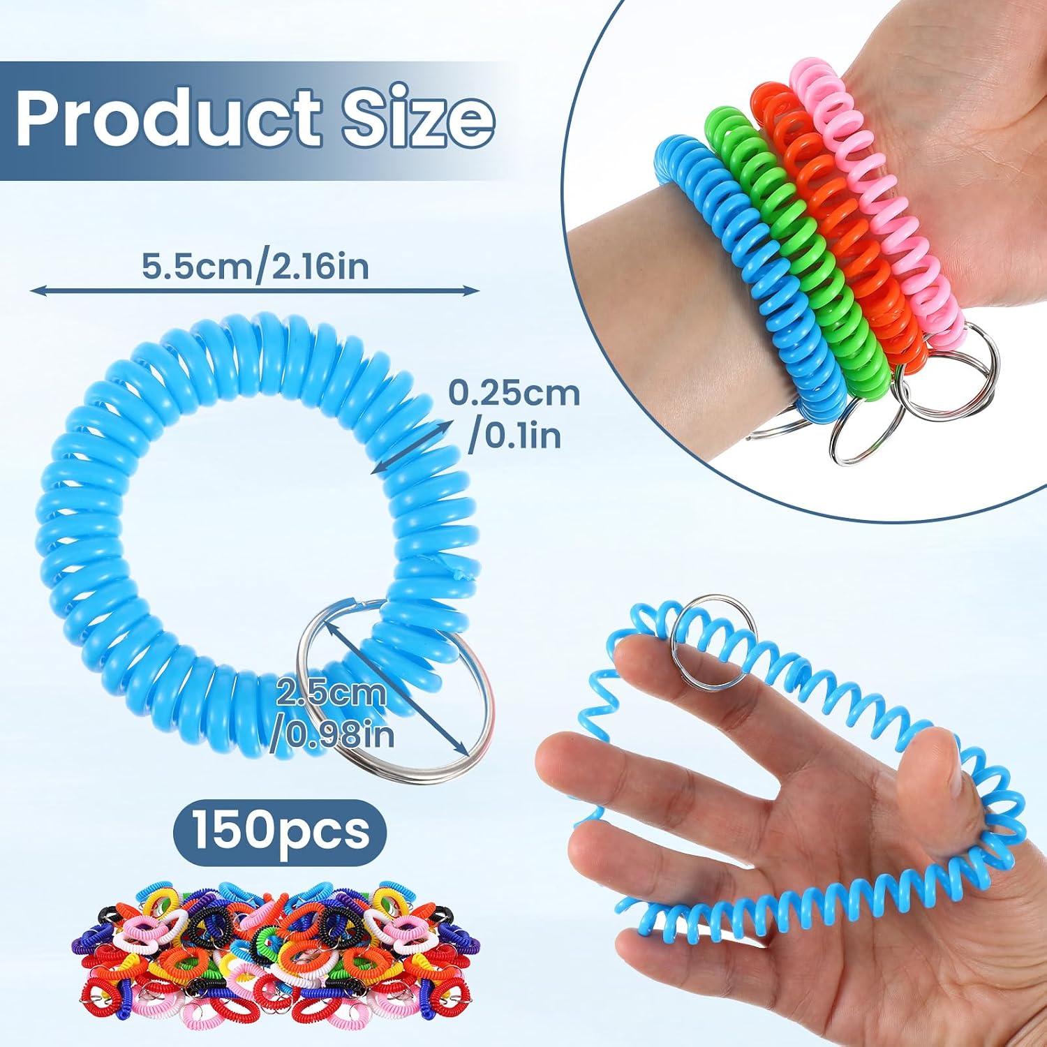 150Pcs Colorful Wrist Keychain, Spiral Keychain Bracelet Wrist Coil Key Chains,10 Color Stretchy Plastic Wristlet Keychains, Wristband Key Ring for Outdoor, Gym, Pool, Sauna, ID Badge, Sports