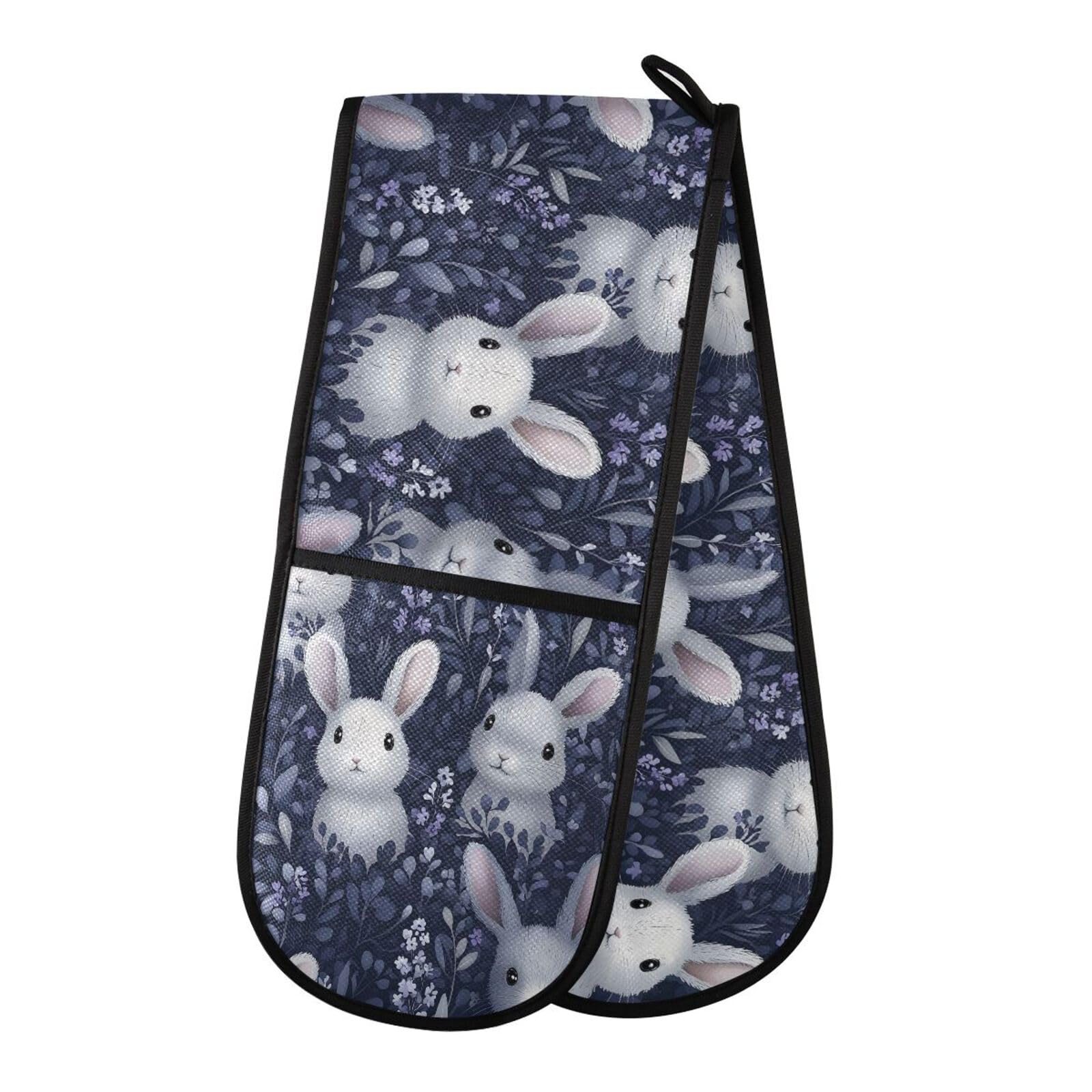Oven Gloves Double Oven Gloves Bunnies Lavender Heat Oven Mitts Pot Holder Heat Resistant Quilted for BBQ Baking Kitchen Cooking Gloves