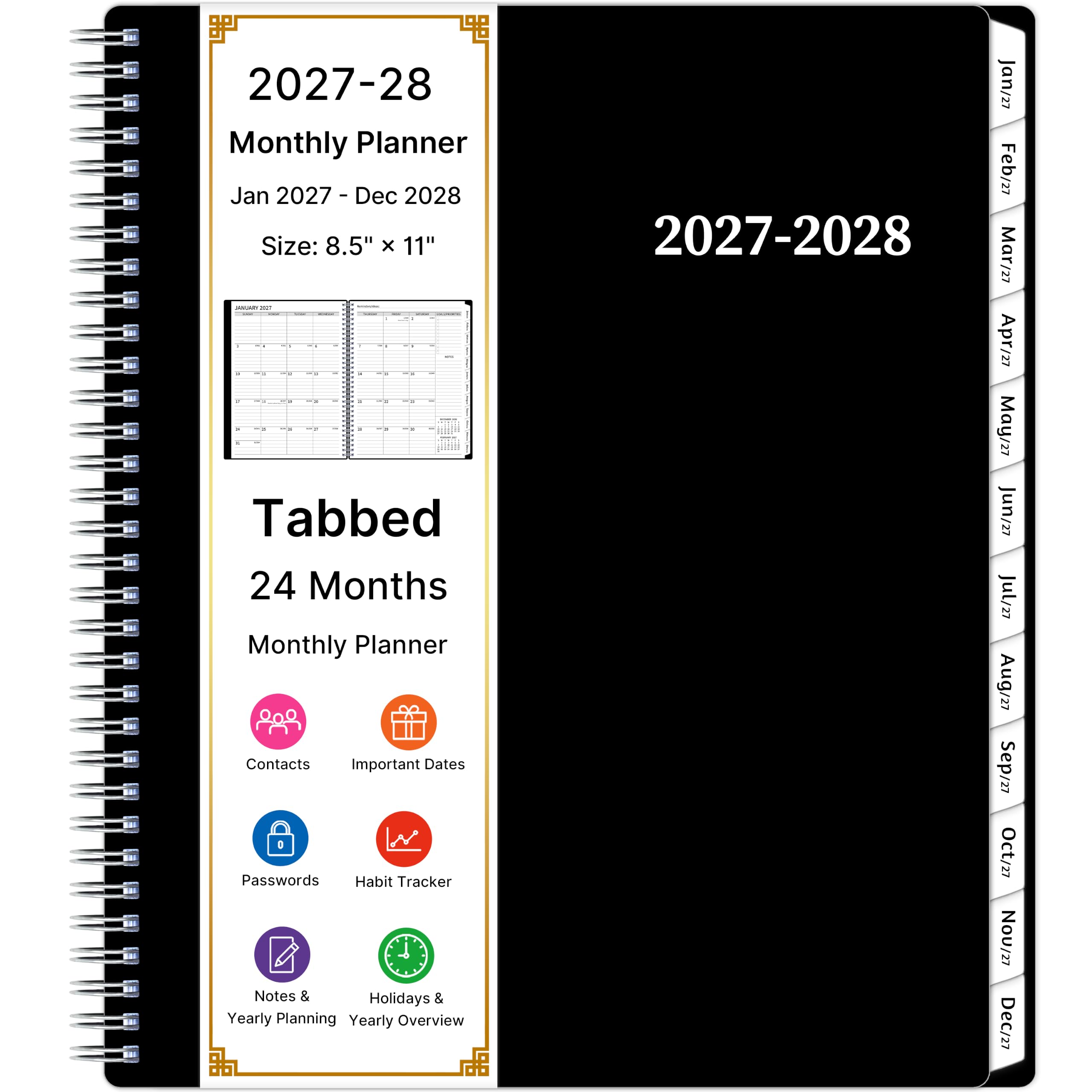 Agenda mensile 2027-2028, calendario 2 anni, da gennaio 2027 a dicembre 2028, 21,6 x 27,9 cm, agenda a spirale grande, 24 mesi, con linguette e tasca, copertina flessibile, organizer per ufficio, casa