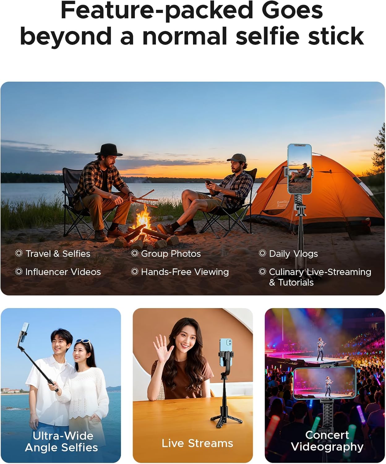 Various usage scenarios including travel, group photos, daily vlogs, influencer videos, hands-free viewing, and culinary live-streaming.