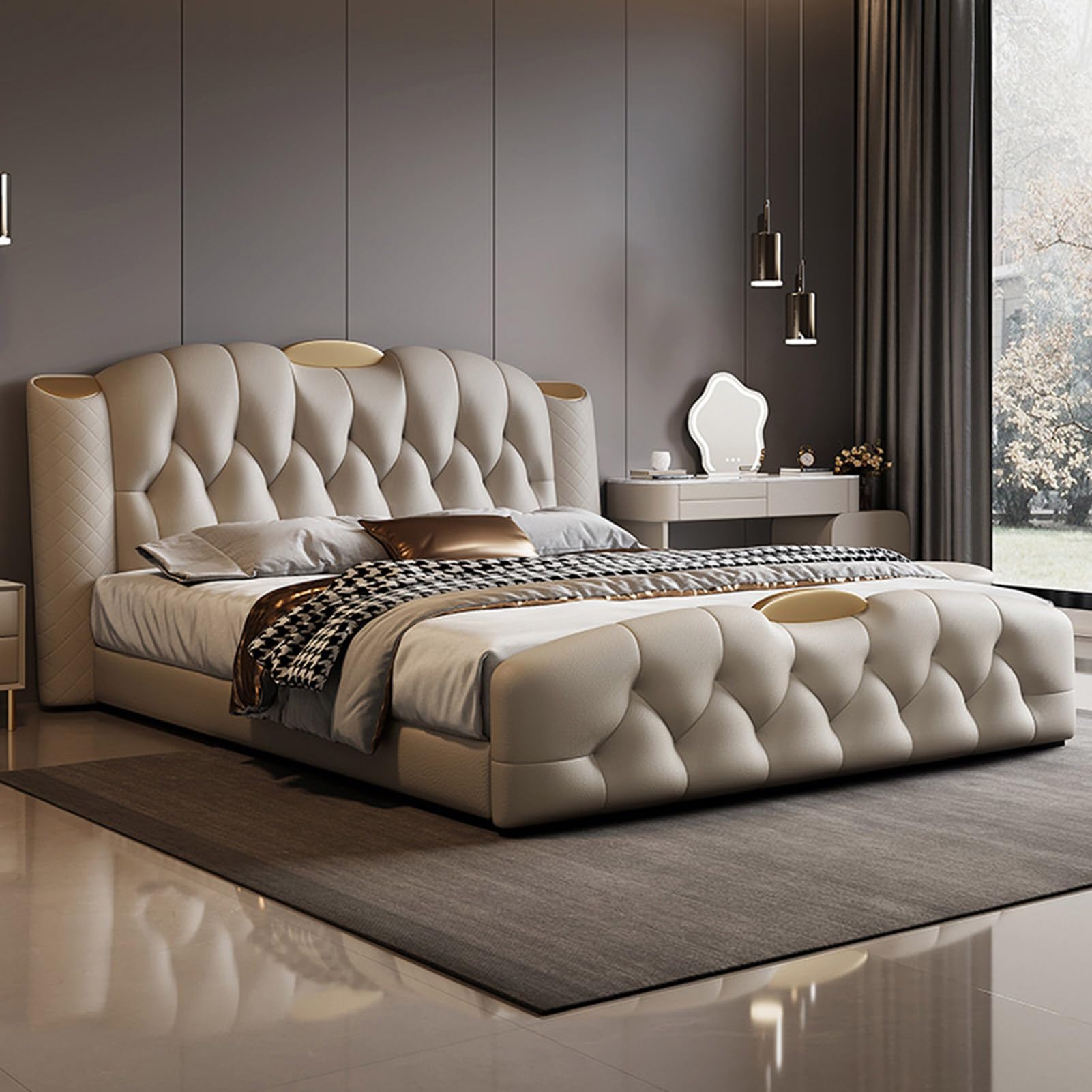 King Size Genuine Leather Bed Upholstered Platform Bed Frame with Headboard and Storage Drawers No Box Spring Needed
