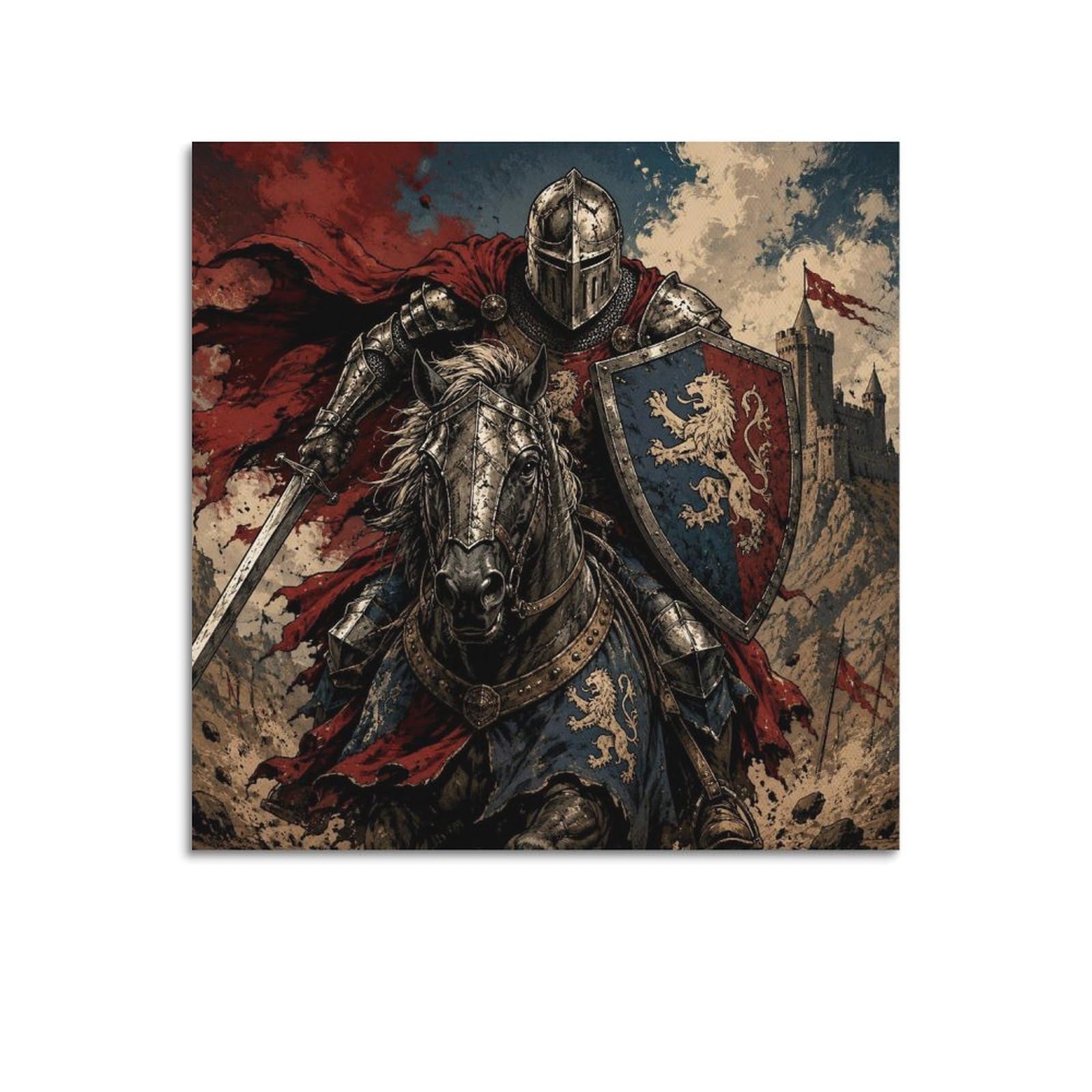 XKUGA Modern Comic Medieval Knight Shield Poster Red Charge Armor Modern Decorative Canvas Prints - Ideal Wall Art for Family, Man Cave, Game Room, Boys & Girls Bedroom 20x20inch(50x50cm)