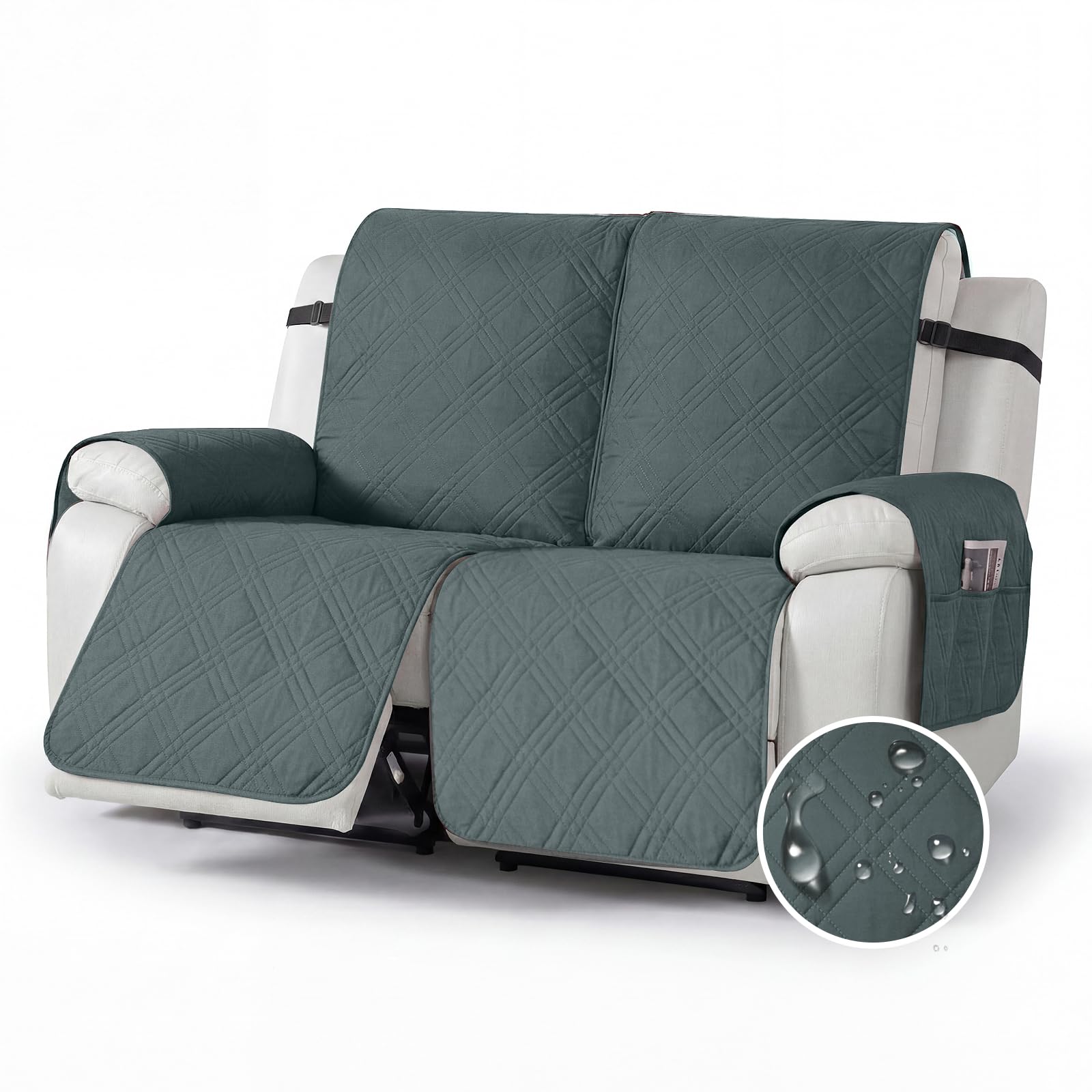 YushengTai Armchair Covers, 100% Waterproof, Anti-Slip, 2 Seater Recliner Chair Cover, Chair Covers for Armchairs with 4 Pockets, 2 Adjustable Straps (Dark Gray)