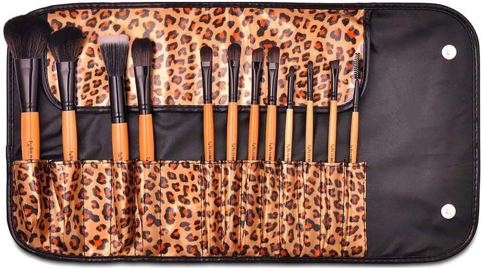 Professional 12 PCS Burlywood Handle Cosmetic Makeup Brush Set With Leopard Case