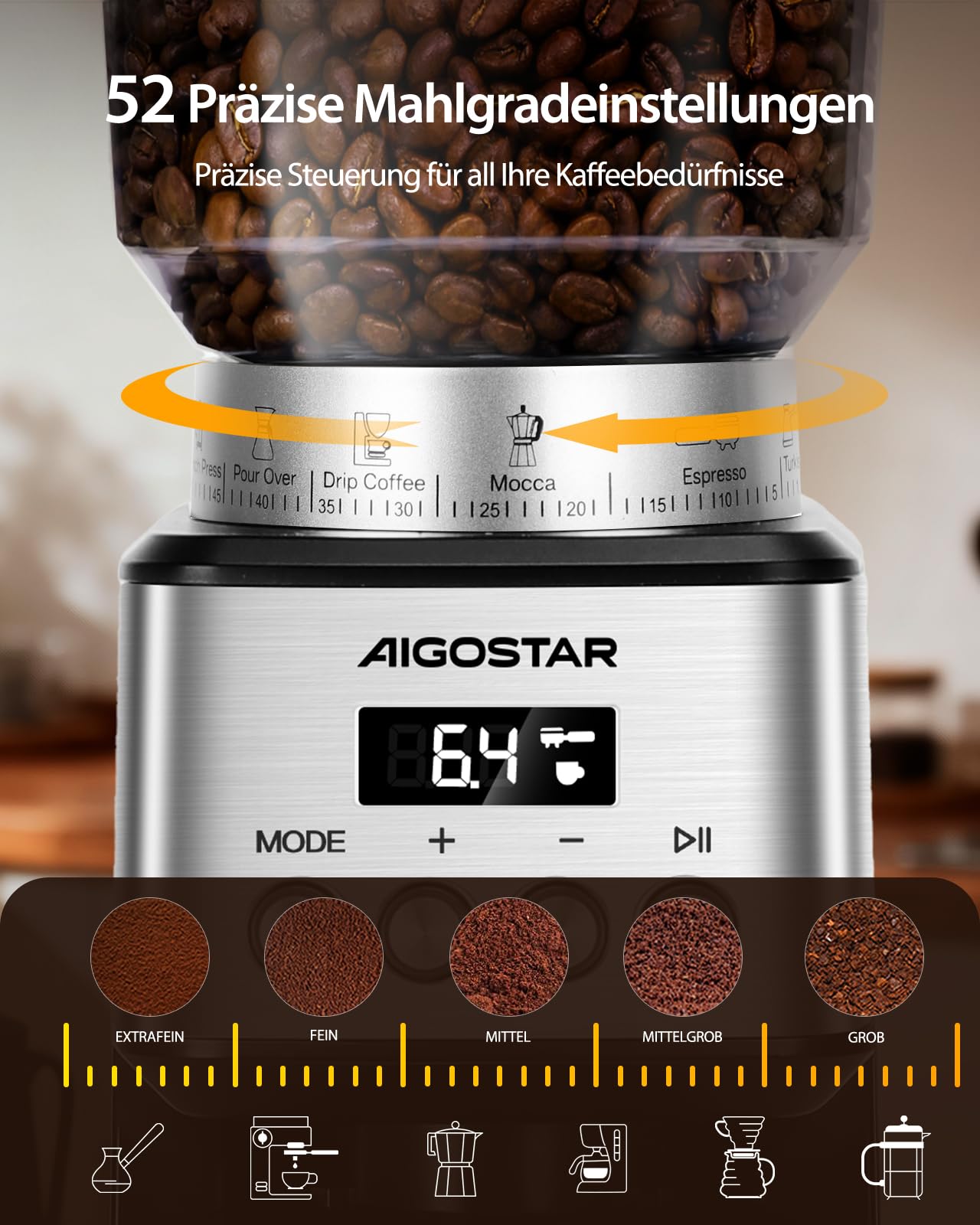 Aigostar Elektrisch Kaffeemühle mit 52 Mahleinstellungen, Kegelmahlwerk Geeignet für Espresso, Professionelle Elektrische Kaffeemühle mit Präzisem Digital Display, Edelstahl Coffee Grinder, Silber
