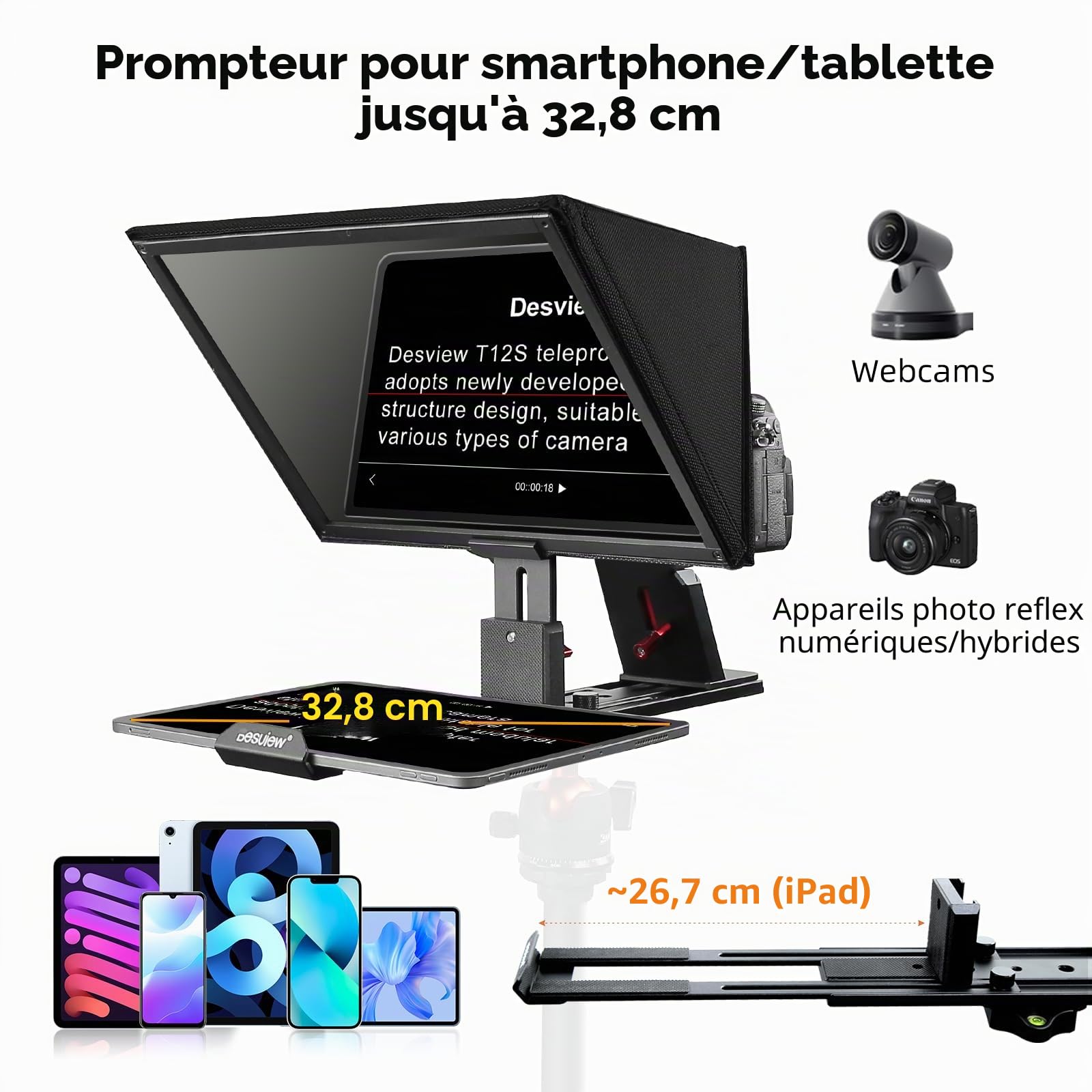 Desview T12S Téléprompteur en Alliage d'aluminium, écran Haute résolution de 12,9 Pouces, téléprompteur en métal avec télécommande APP Compatible avec iPad, Tablette, Smartphone pour caméscope DSLR