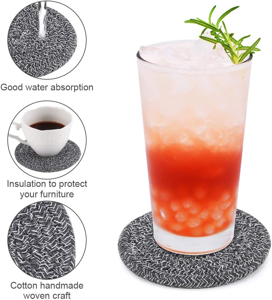 Braided Coasters for Drinks 6 Packs, Accmor Round Handmade Fabric Woven Desk Coasters, Absorbent Cotton Cup Coasters Heat-Resistant Hot Pads Mats for Table Protection.