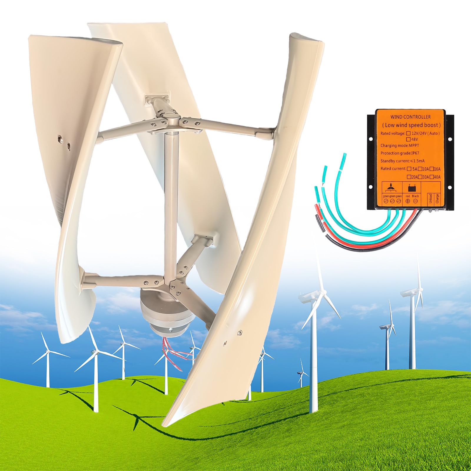 Kit generatore Eolico da 12000 W - Mulino a Vento a 3 Pale per sistemi a 12 V/24 V/48 V, Alimentazione off-Grid, energia rinnovabile con Controller Ibrido, Perfetto per Uso Domestico