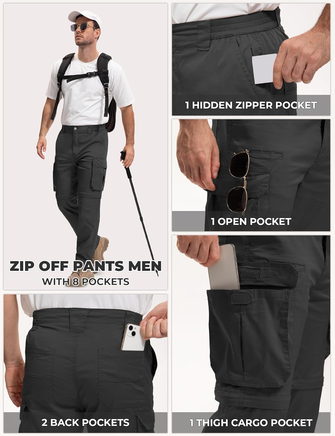 Convertible Mens Hiking Pants - Zip Off Lightweight Quick Dry Cargo Pants for Men 8 Pockets for Camping Travel Fishing