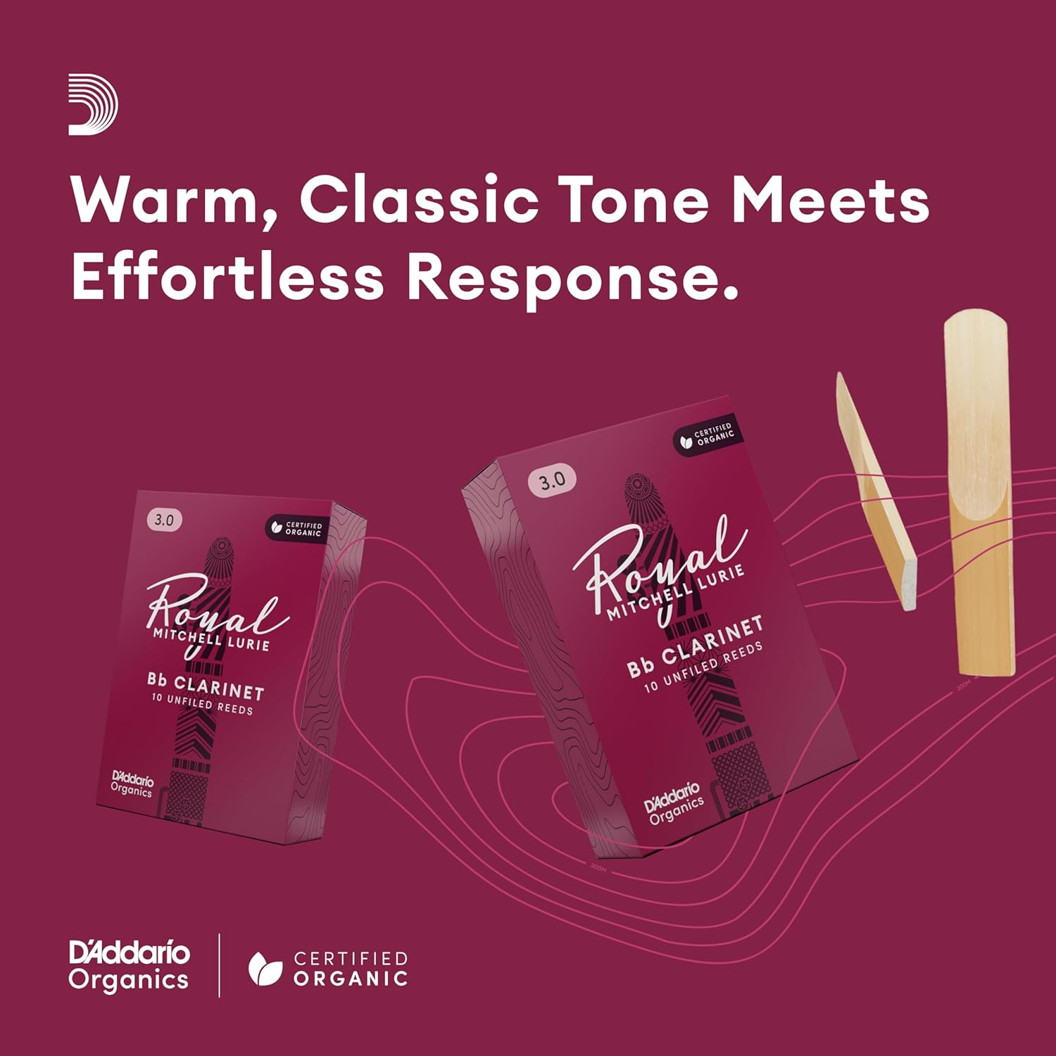 D'Addario Organic Royal Mitchell Bb Clarinet Reeds, Strength 3.0, 10-pack