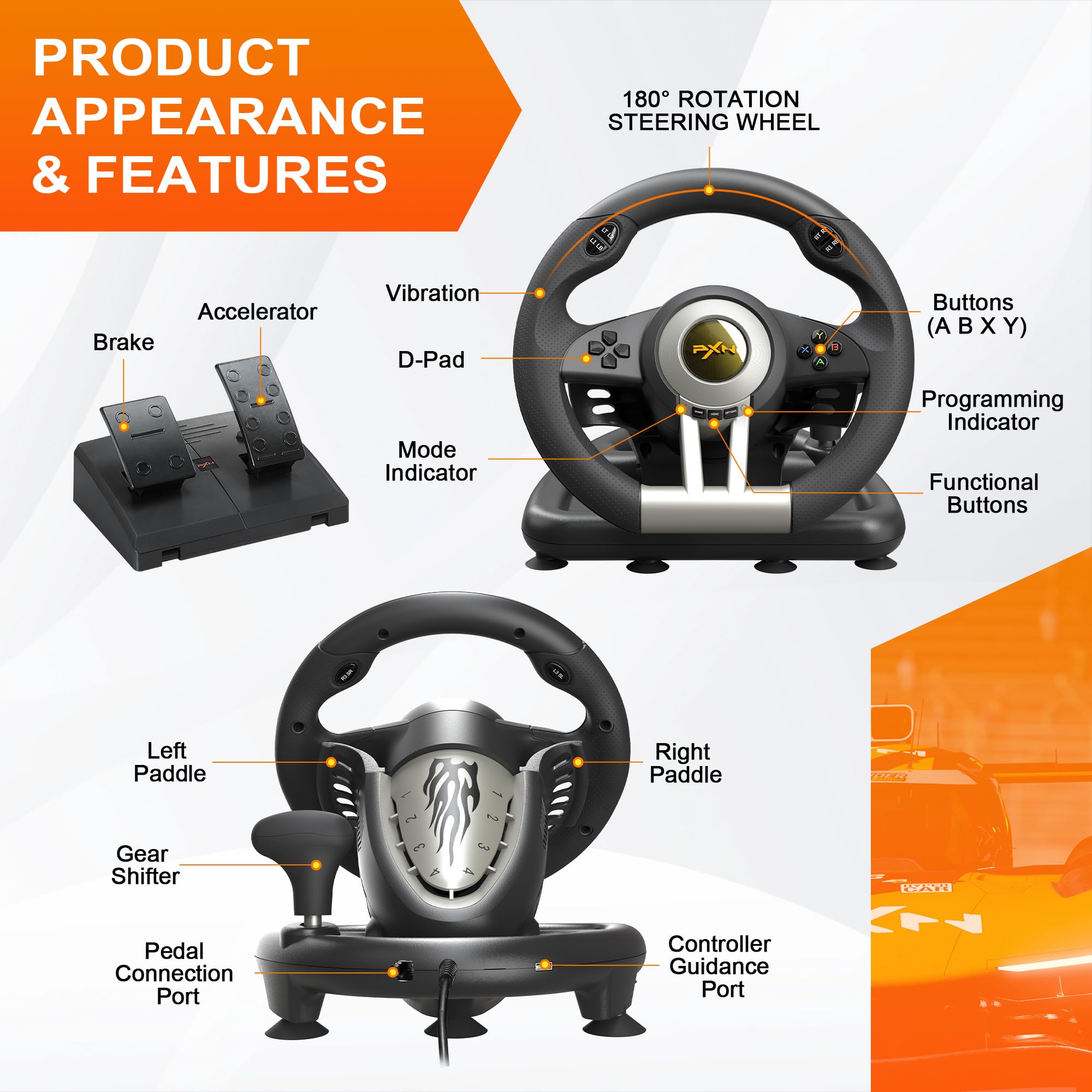 PXN V3 Pro Racing Wheel, 180 Degree Universal USB Car Sim Race Steering Wheel with Pedals for PS3, PS4, Xbox One, Xbox Series X|S, Switch - Negro