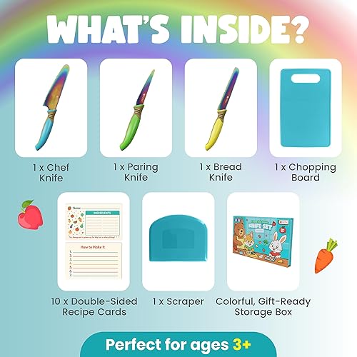 Miniatura 2 de Juego de cuchillos para niños para cocina real, kit de iniciación 100% seguro para la piel, acero inoxidable con titanio arcoíris, incluye chef,