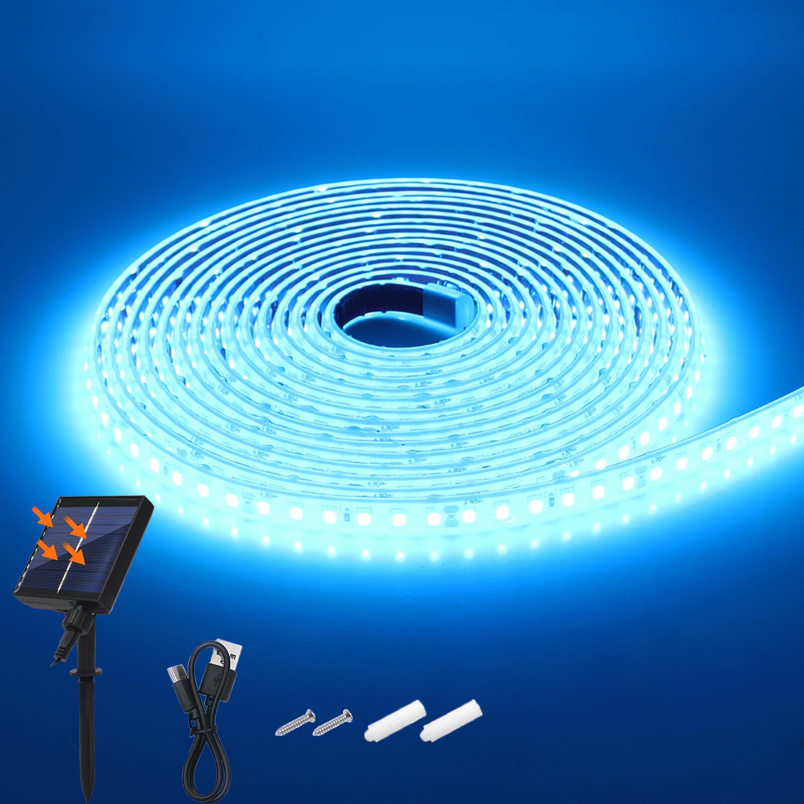KAFULA 24V 8 Mode Solar Strip Light [2m,Ice Blue],IP68 Waterproof,1200MAH Solar Powered Flexible LED Rope Light CRI85+,Bedroom Garden Balcony Decorative Lighting