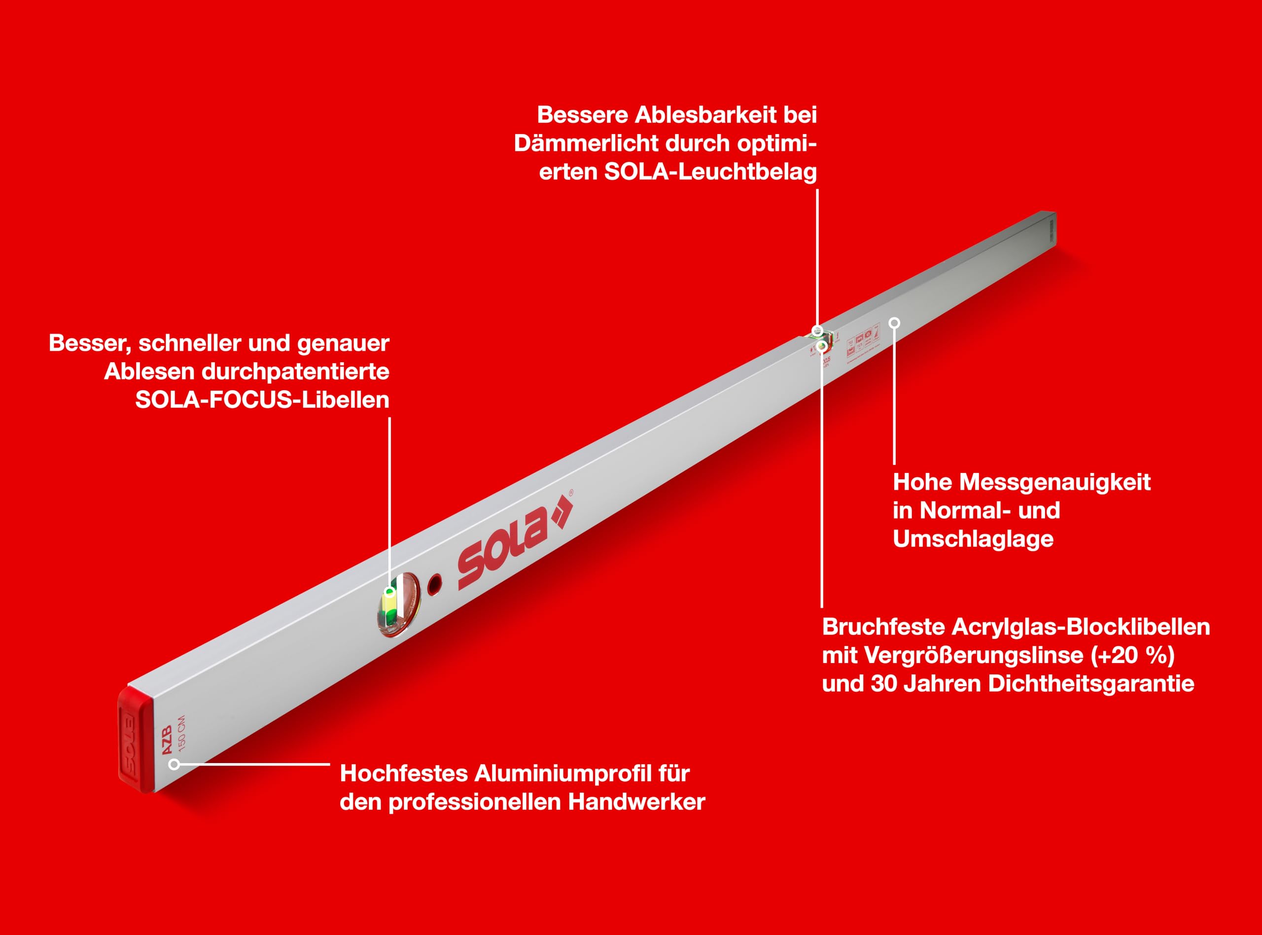 Sola 1011501 AZB - Nivel de burbuja (aluminio, 1,5 m)