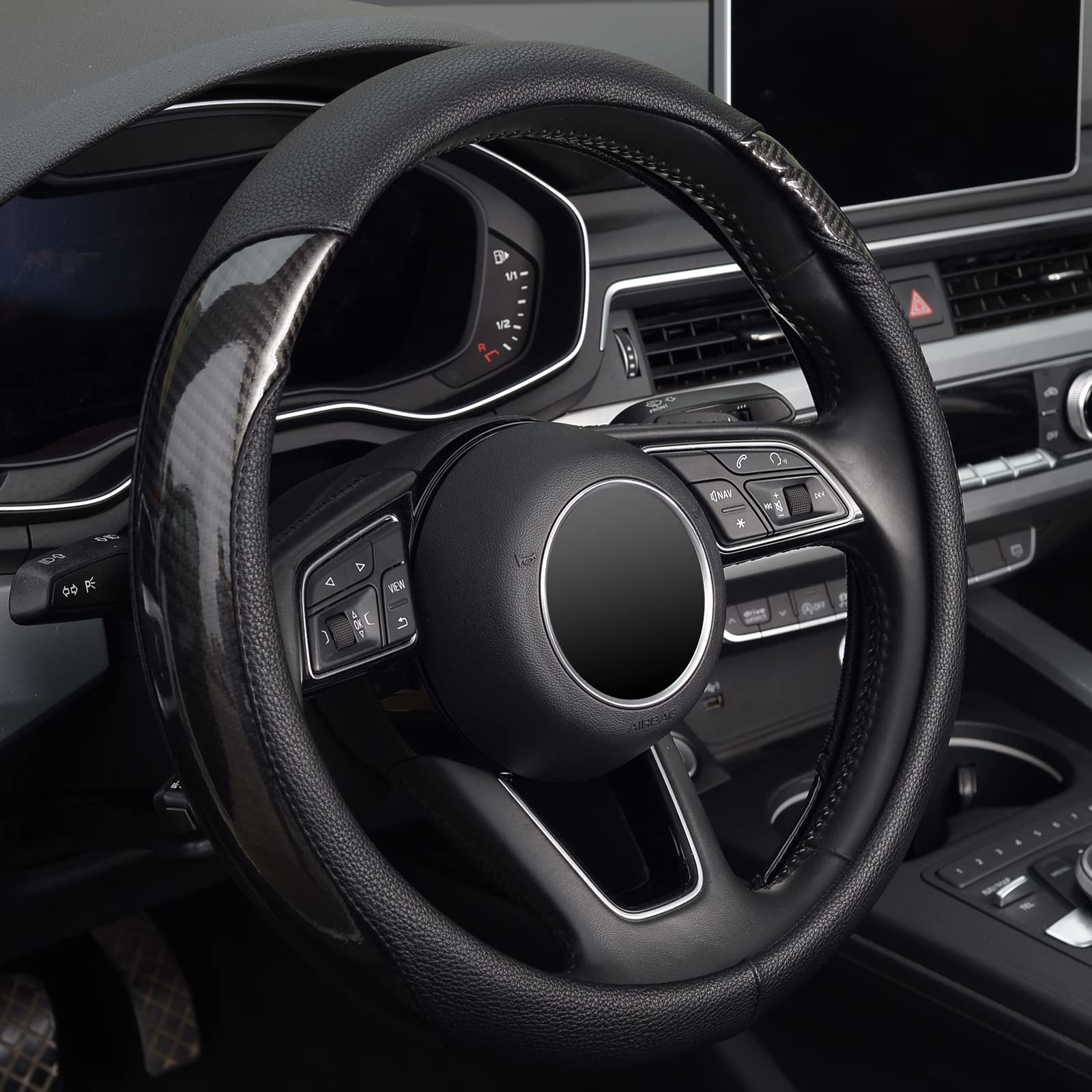 ZHOL Carbon Fiber Steering Wheel Cover, Universal 15-Inch Microfiber Leather Fashion Sport Auot Car Steering Wheel Cover for Women Men, Anti-Slip, Black