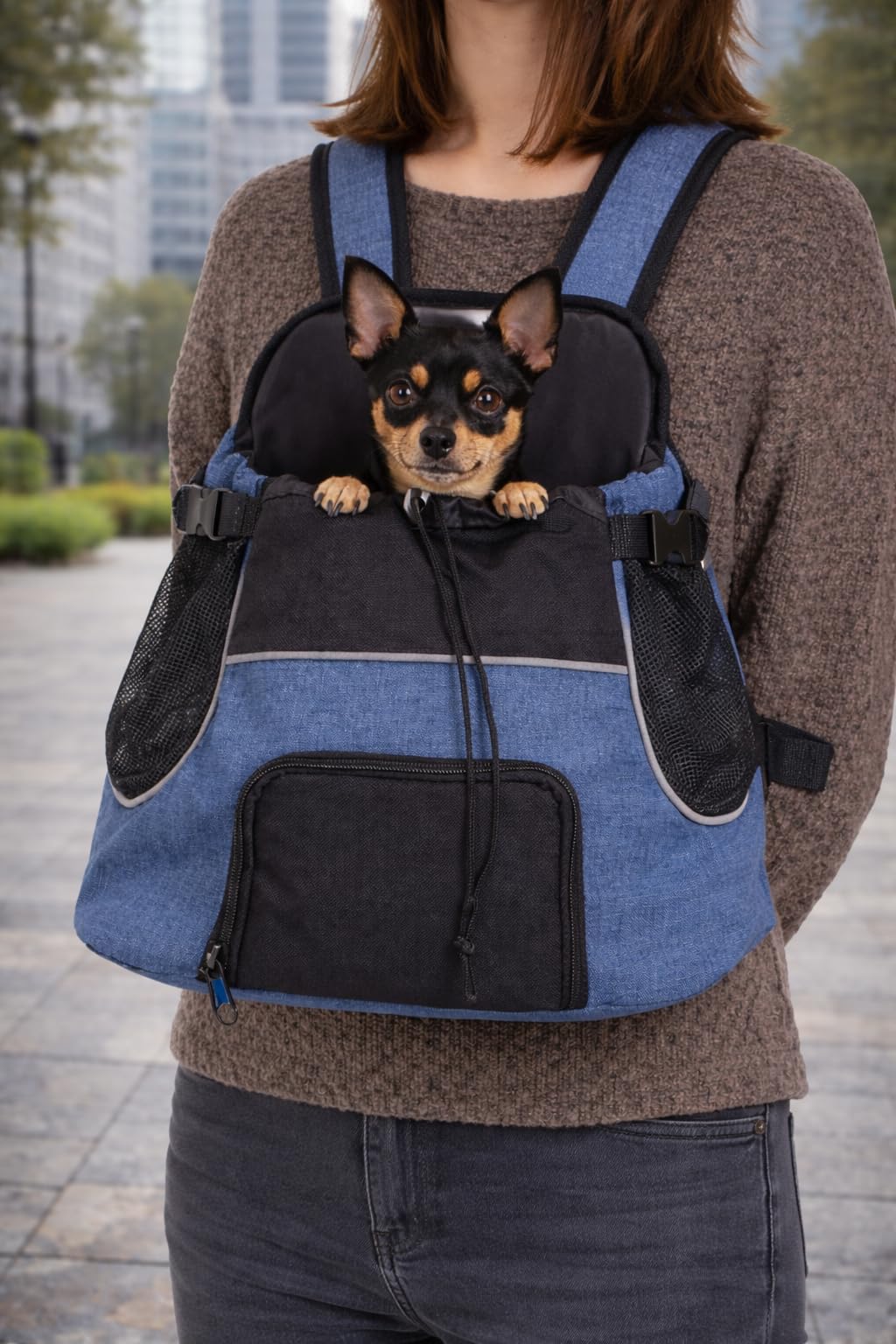 Hunderucksack - Bauchtrage Sybil Blau – 29x23x38cm – Polyester – Reflektoren – Rückenverstärkung – Abnehmbarer Boden – Sicherheitsleine – Schulter- & Taillenriemen