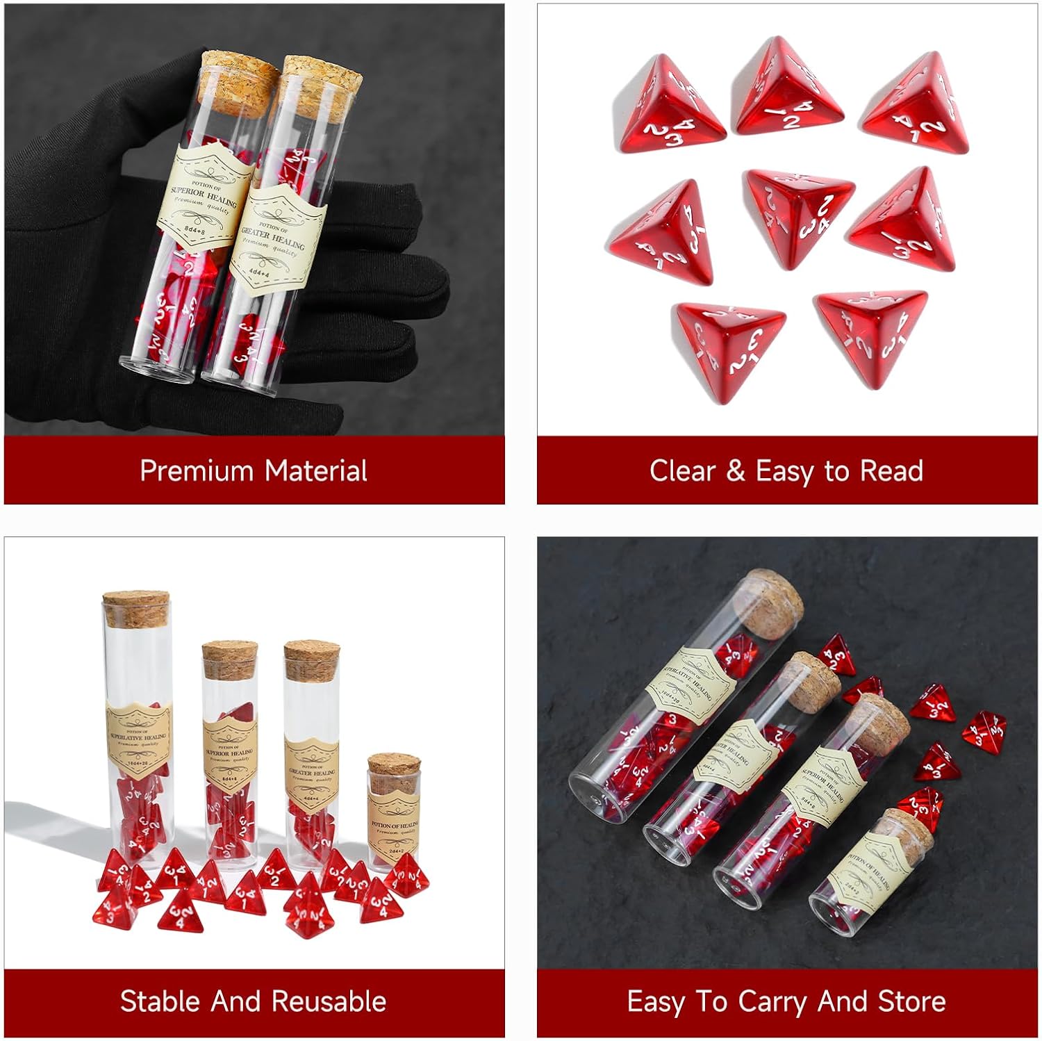 SIXPOINTS 24PCS Red D4 Dice Bulk Cone Transparent 4 Sided 0.8 Inch Dice Sets for a Dungeon and Dragons Themed Healing Potion,Mini Role Playing for Board Table RPG,D&D Gaming Games Toys