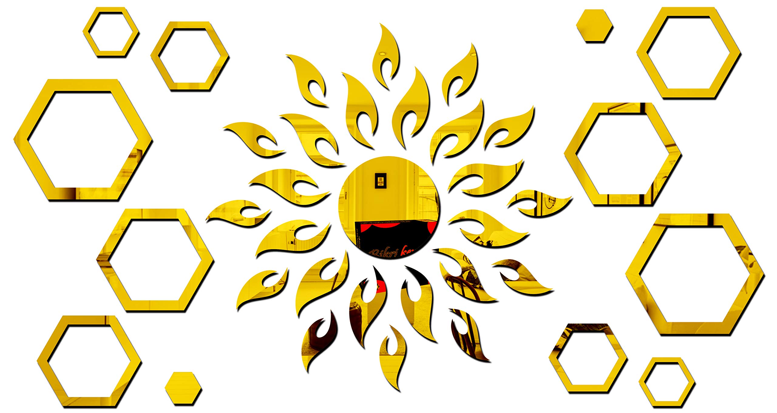 Bikri Kendra - Art BK90, Sun Golden with Hexagon Ring Golden 2 Set - 3D Acrylic Mirror Stickers for Wall (B08KJDLCBP) Amazon Price History, Amazon Price Tracker