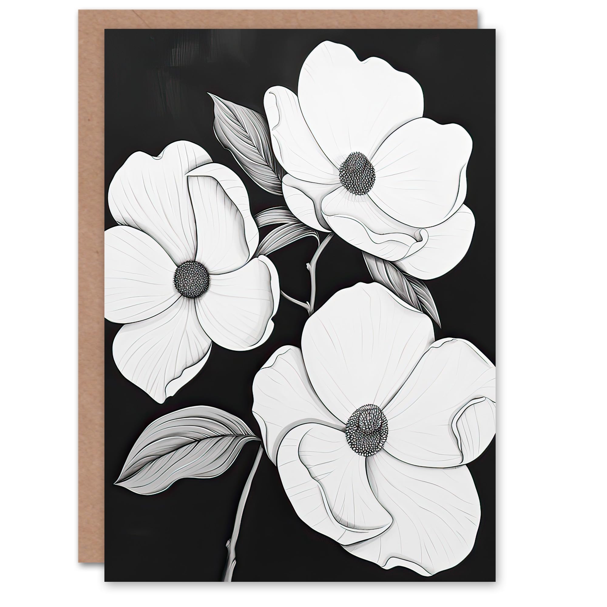 Artery8 Greeting Card White Flower Blooms on Black Contrast Painting Blank For Him Or Her Art Sympathy Card