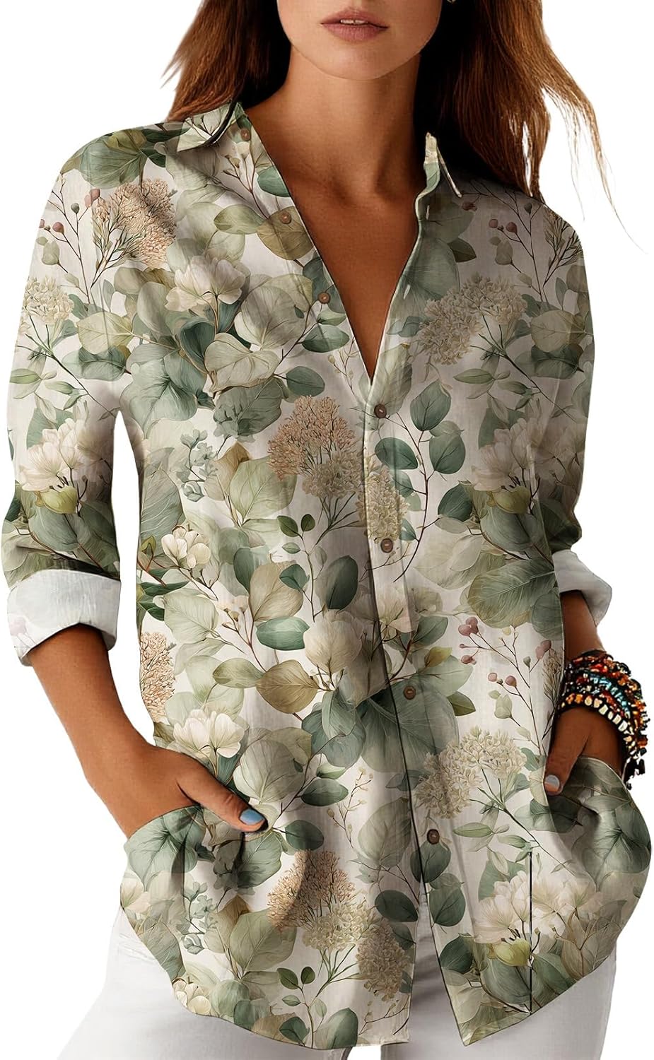 Womens Floral Print Button Down Shirt Long Sleeve Cotton Blend Loose Collared Blouse with Pockets Fall Casual Top
