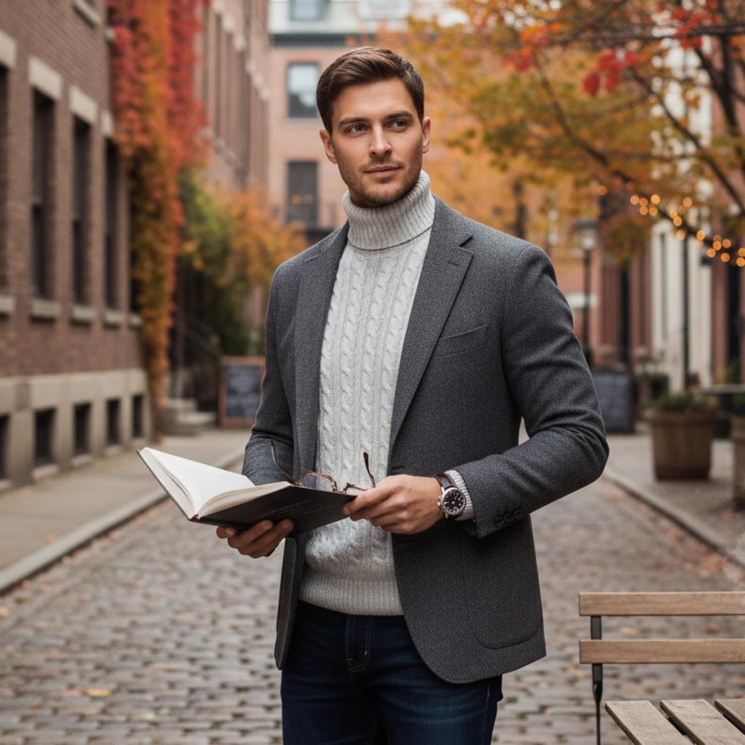 Janisramone® Mens High Polo Roll Neck Jumper, Long Sleeve Cable Knitted Pullover Mens Sweater, Casual Turtle Neck Jumper Grey